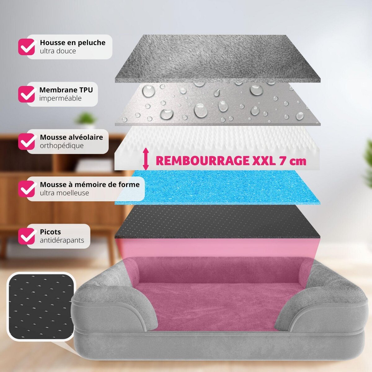 tectake Panier pour chien orthopédique avec housse en peluche déperlante et amovible gris L (94 x 72 x 18 cm)