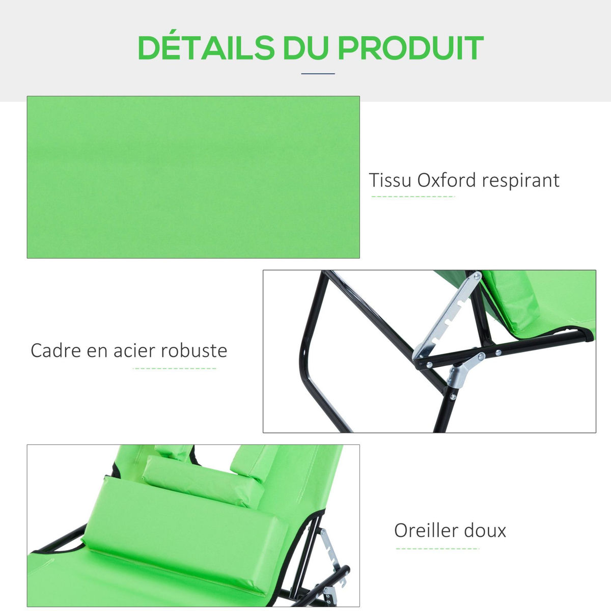 OUTSUNNY Bain de soleil pliable transat inclinable 4 positions chaise longue de lecture 3 coussins fournis vert