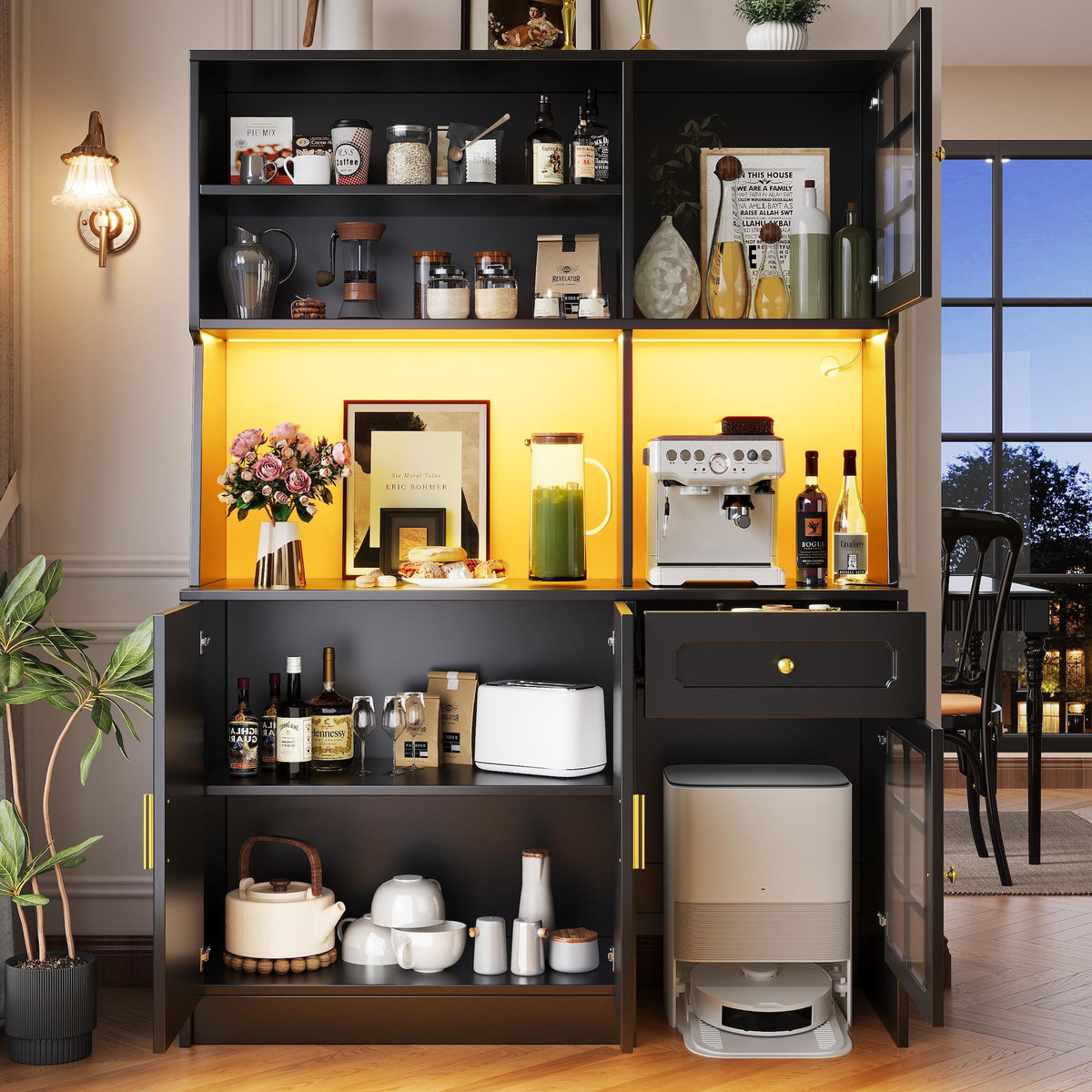 MERAX Buffet de cuisine 4 portes 1 tiroir - 130 cm noir led mdf