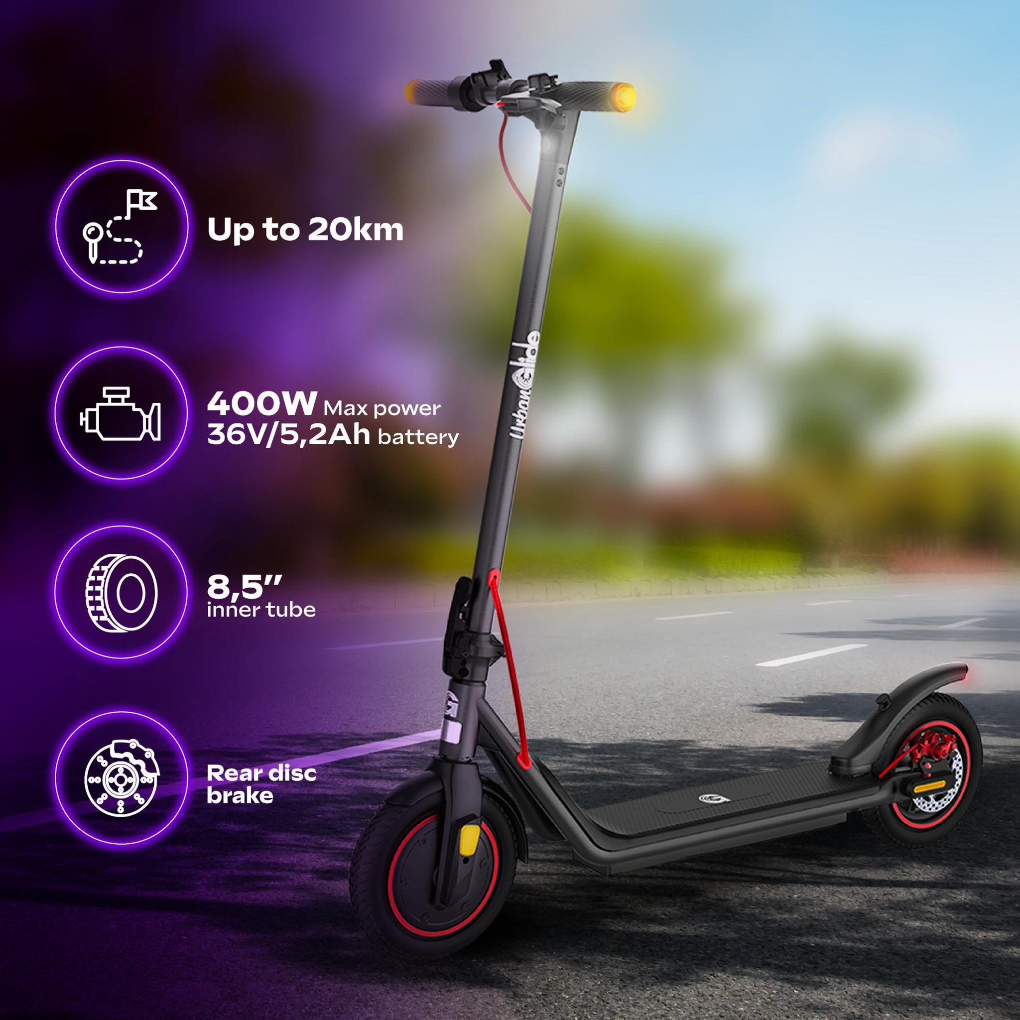 Voir la diapositive 2 : URBANGLIDE 85 lite – trottinette électrique adulte urbanglide – pneu 8,5  gonflable – batterie 48v – autonomie jusqu'a 20 km – poids 15kg