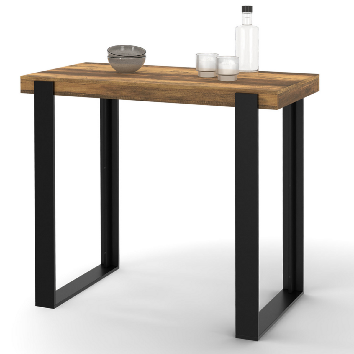 ID MARKET Table haute de bar PHOENIX bois foncé effet vieilli et noir 90 cm