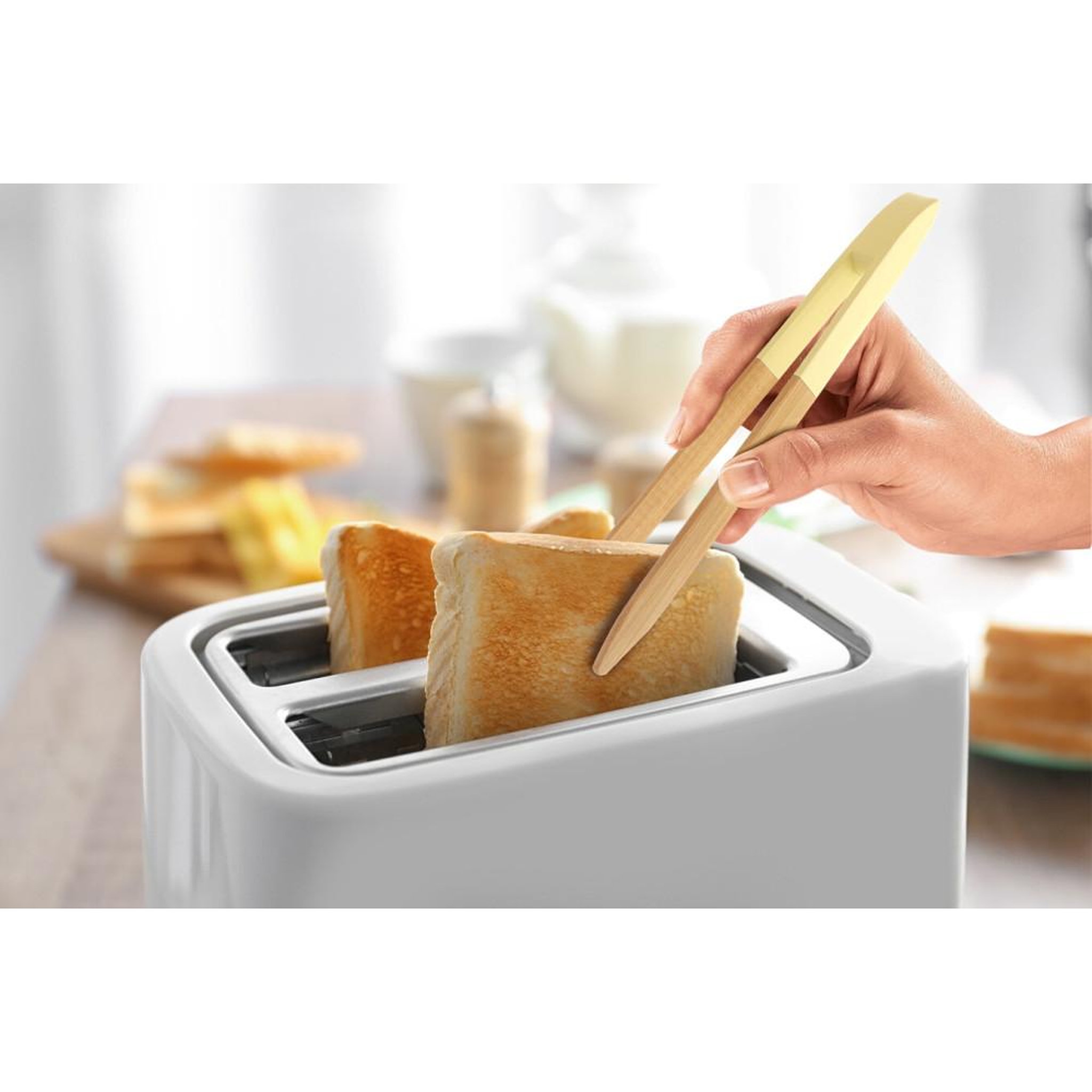 Voir la diapositive 2 : Pince à toast en bambou beige antibactérien, 24 x 1,5 cm, deux dents plates pour saisir et maintenir les tranches