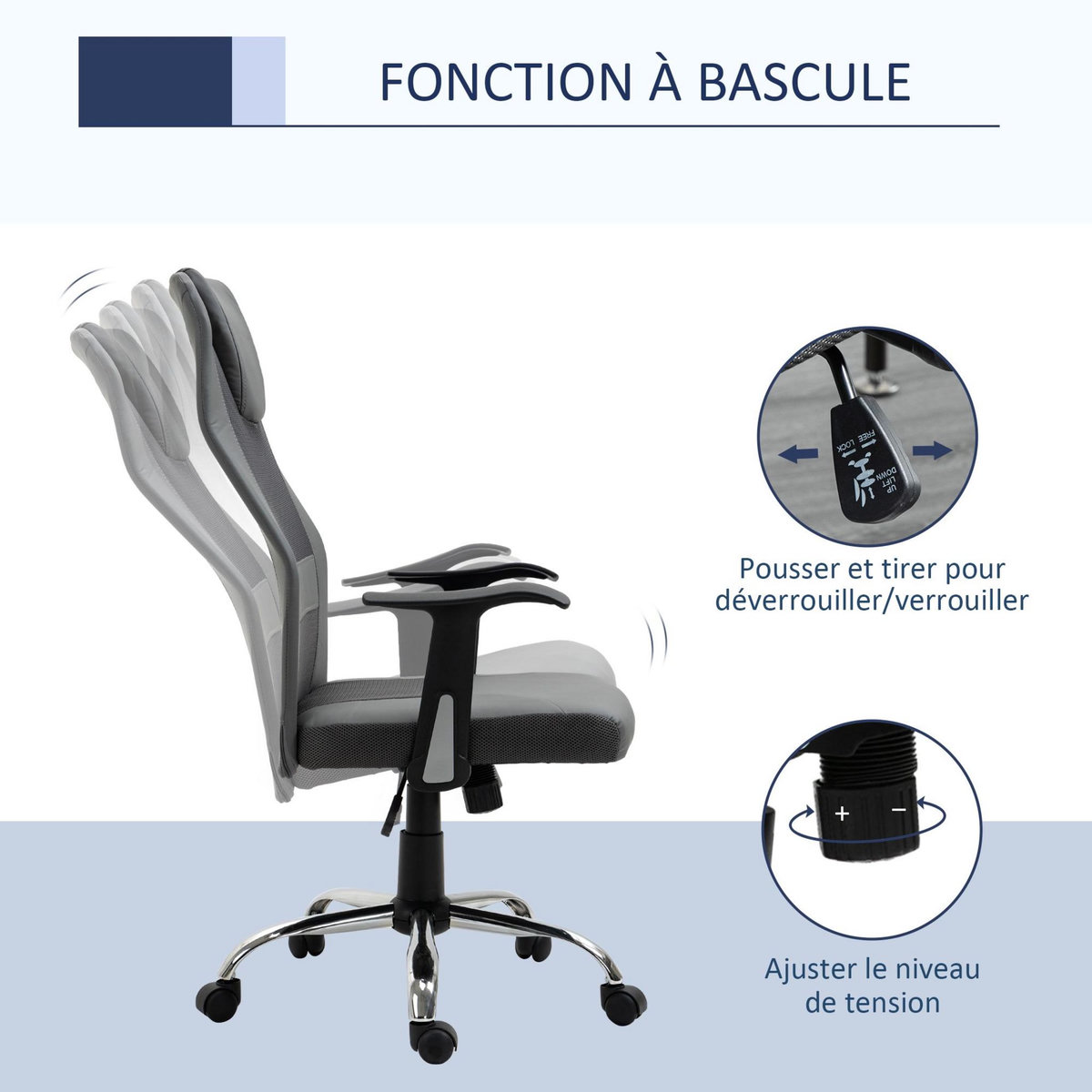 HOMCOM Fauteuil de bureau ergonomique hauteur assise réglable pivotant 360° revêtement synthétique et maille gris