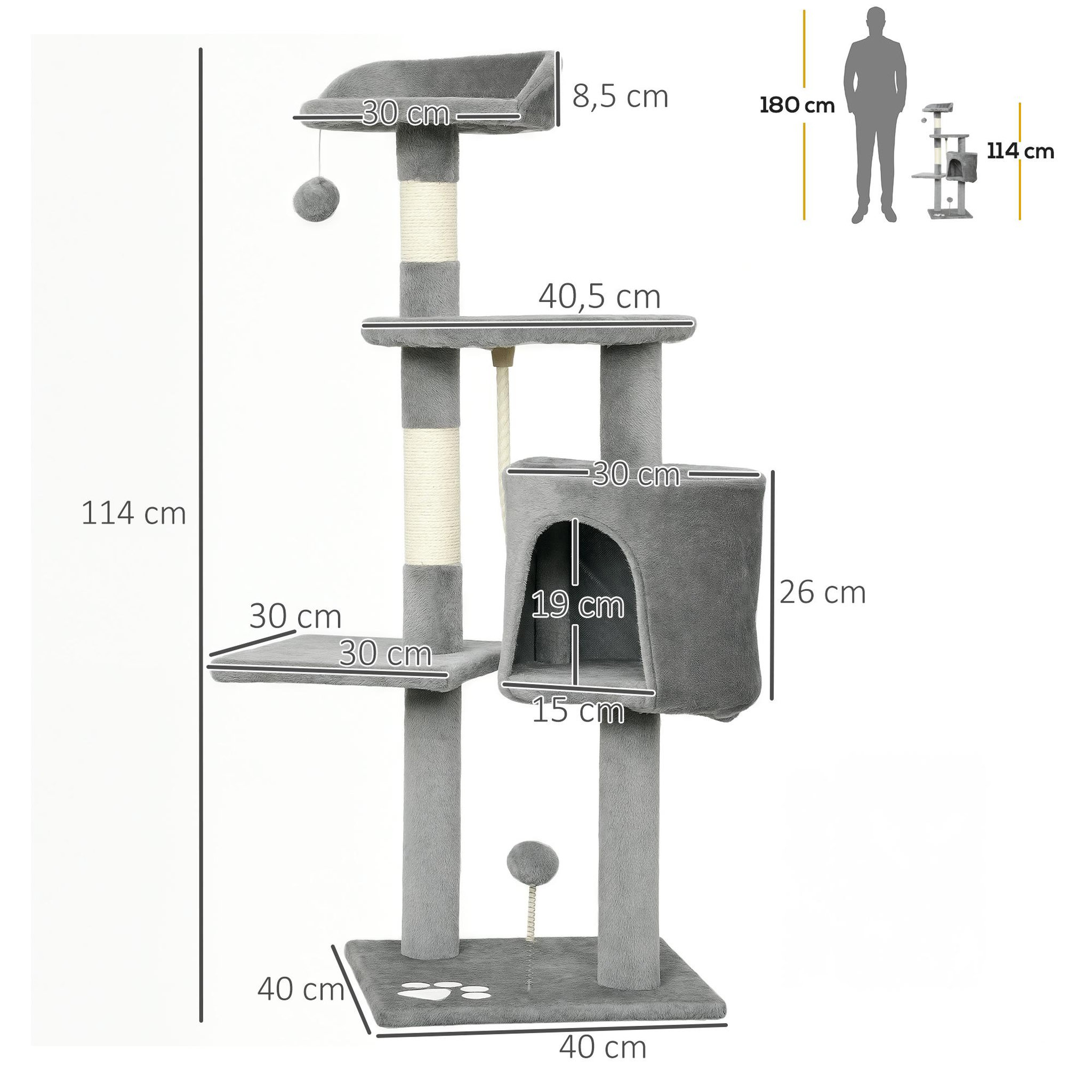 Voir la diapositive 3 : PAWHUT Arbre à chats multi-équipements griffoirs grattoirs plateformes niche corde jouets 40l x 40l x 114h cm gris