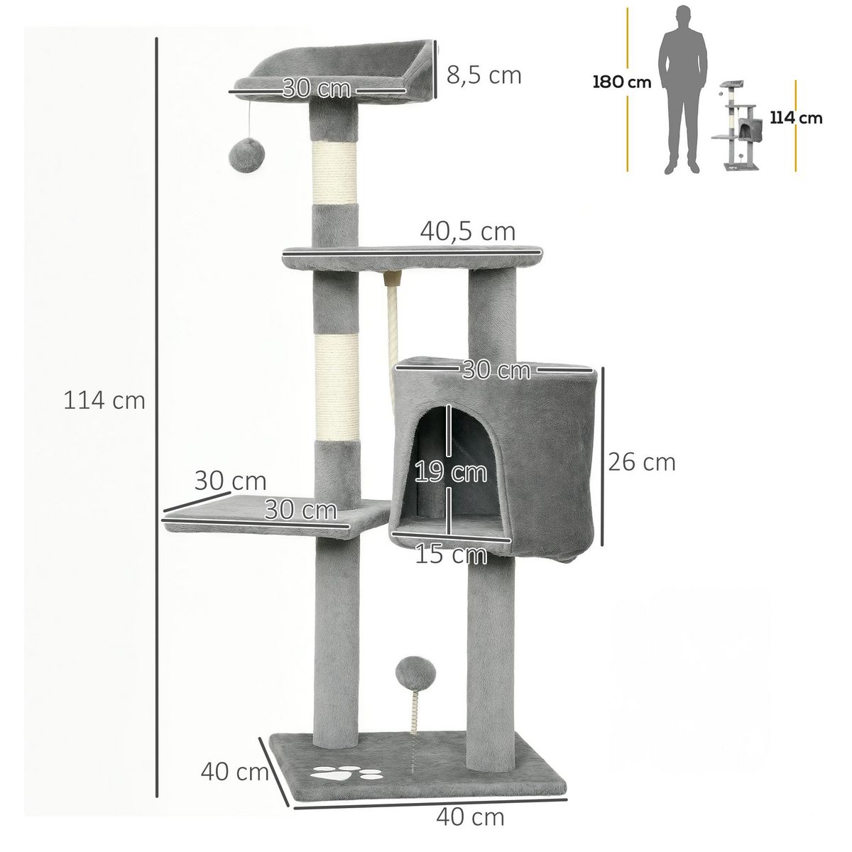 PAWHUT Arbre à chats multi-équipements griffoirs grattoirs plateformes niche corde jouets 40L x 40l x 114H cm gris