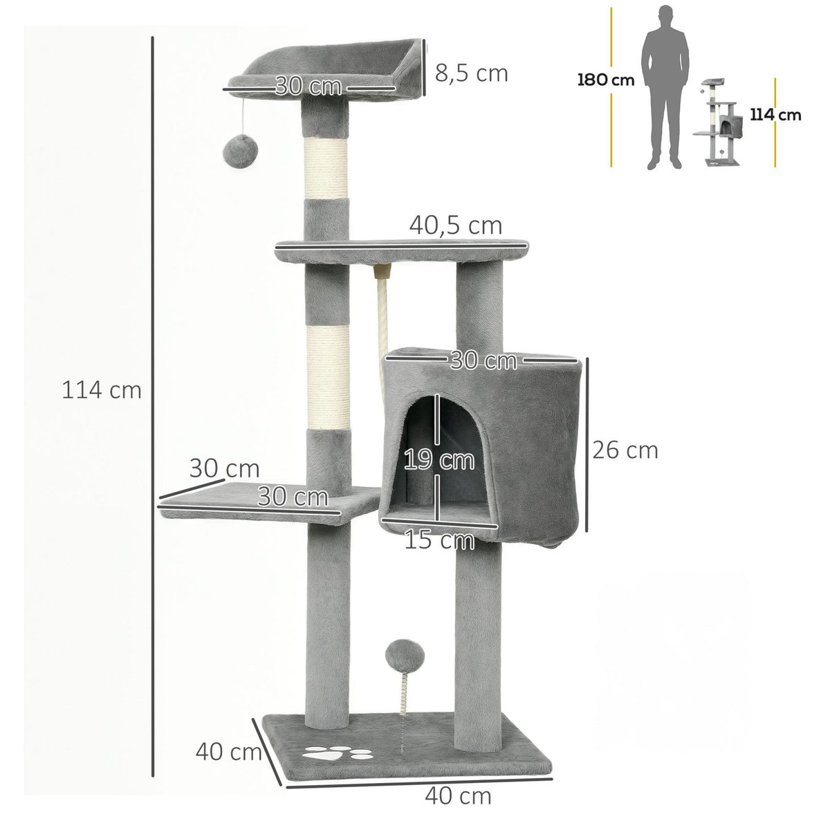 PAWHUT Arbre à chats multi-équipements griffoirs grattoirs plateformes niche corde jouets 40L x 40l x 114H cm gris