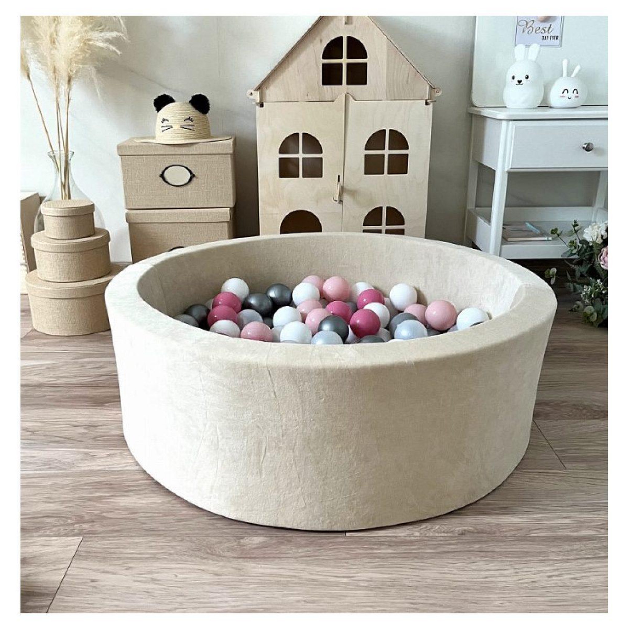 Voir la diapositive 2 : MONIO FOR KIDS Piscine à balles velours 90 cm crème + 200 balles
