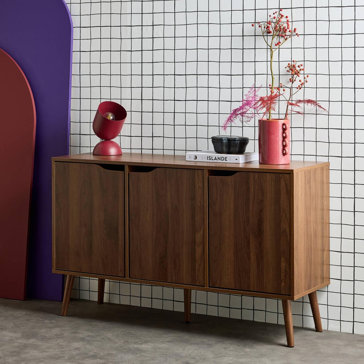 SWEEEK Buffet de rangement effet bois de noyer 3 portes et 3 étagères.  buffet bas. 120cm