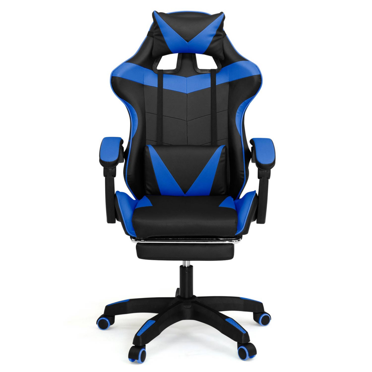 ID MARKET Fauteuil de gaming ALEX réglable avec repose-pied, coussin de tête et coussin lombaire noir et bleu