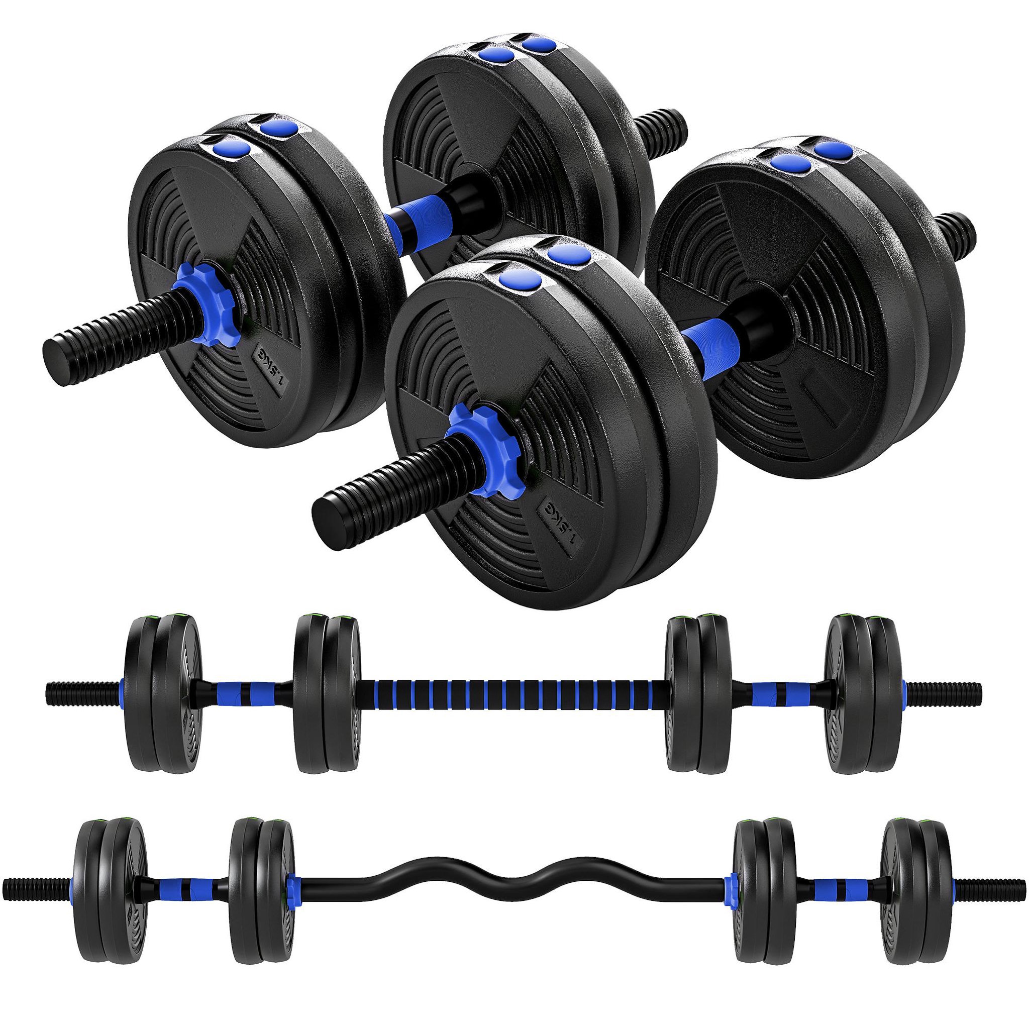 HOMCOM Ensemble d'haltères musculation multifonction 3 en 1 - haltères, olympic barre, curl ez barre - total 15kg - pvc bleu noir