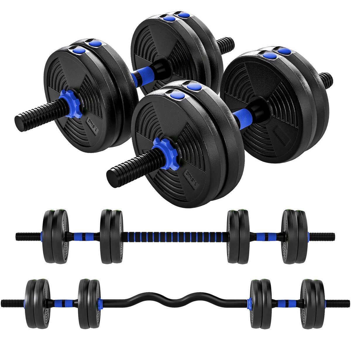HOMCOM Ensemble d'haltères musculation multifonction 3 en 1 - haltères, Olympic barre, Curl EZ barre - total 15Kg - PVC bleu noir