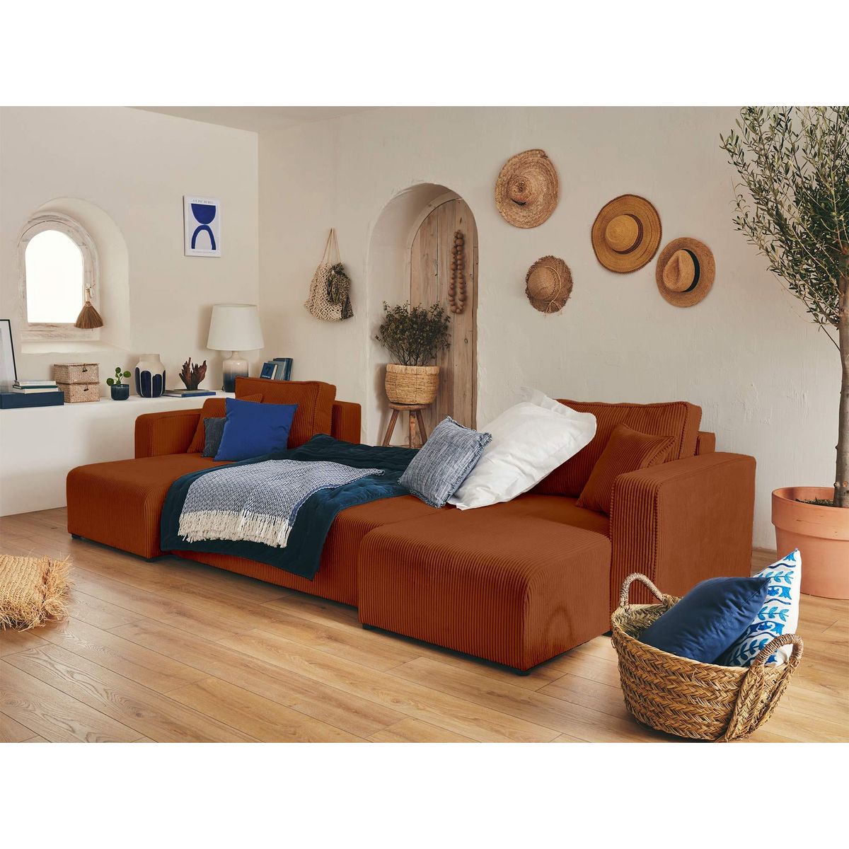 BEST MOBILIER Topaze - canapé panoramique en u - 7 places - convertible avec coffre - en velours côtelé