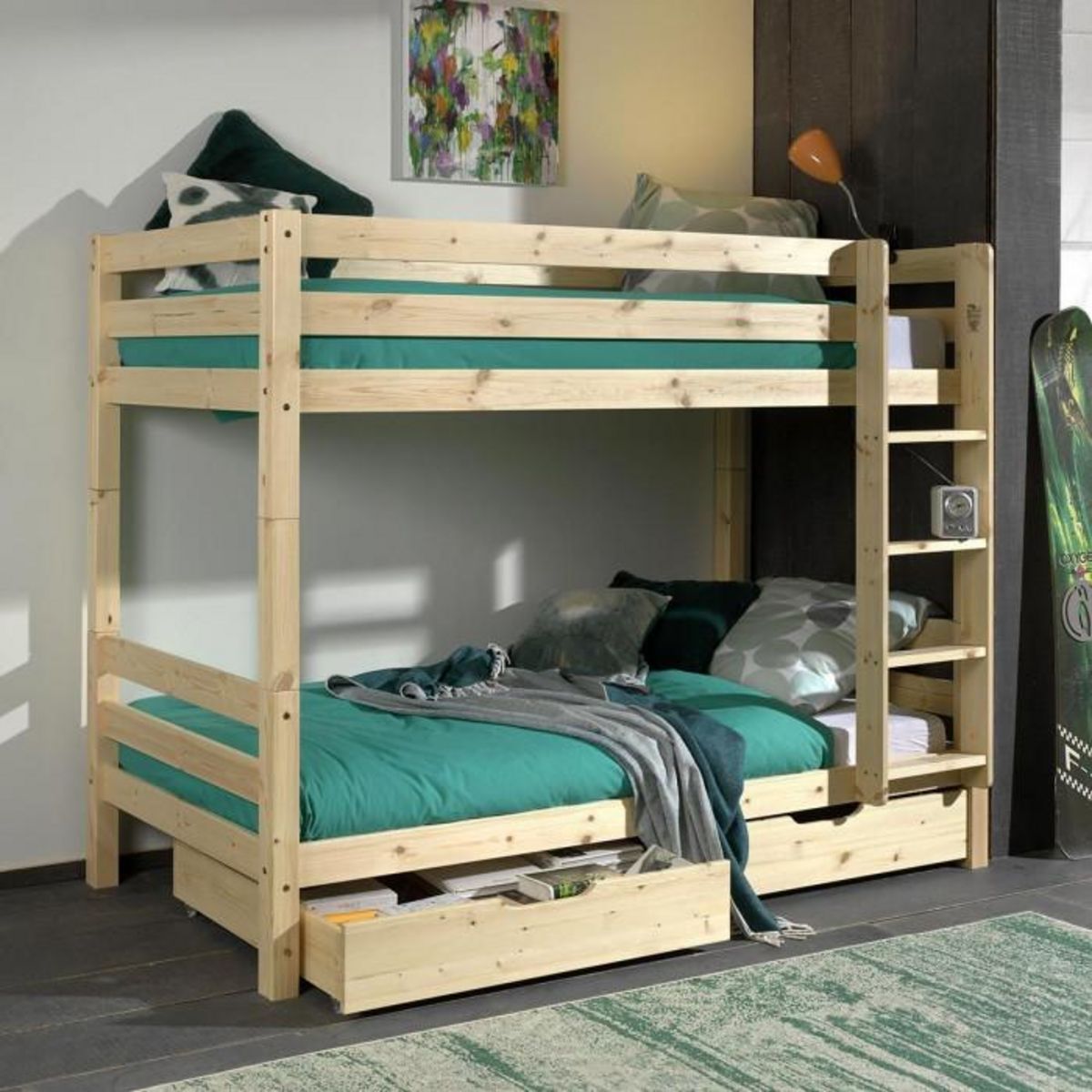 Paris Prix Pack - Lit Superposé Enfant & 2 Tiroirs  Pino  90x200cm Naturel