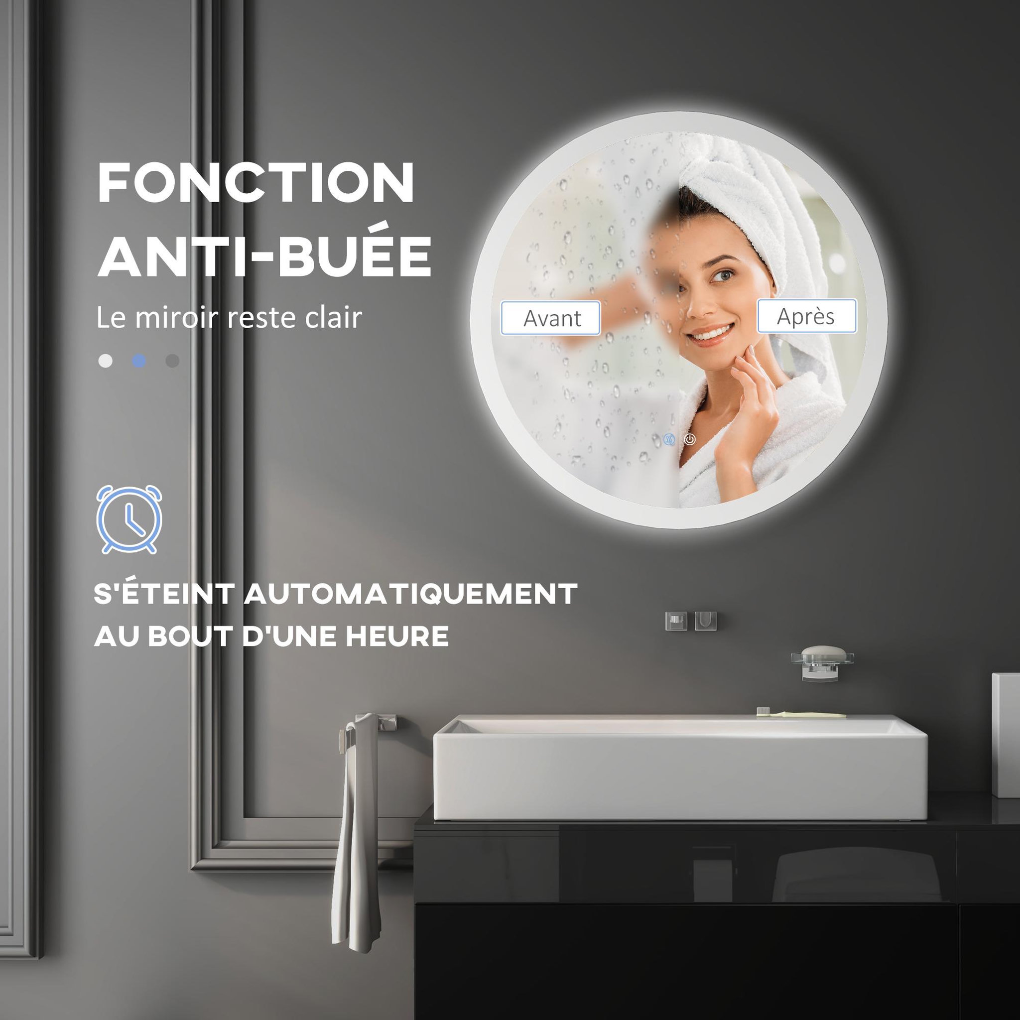 Voir la diapositive 6 : KLEANKIN Miroir rond lumineux led de salle de bain ø 60 cm mural avec éclairage 3 couleurs interrupteur tactile système antibuée 29 w gris