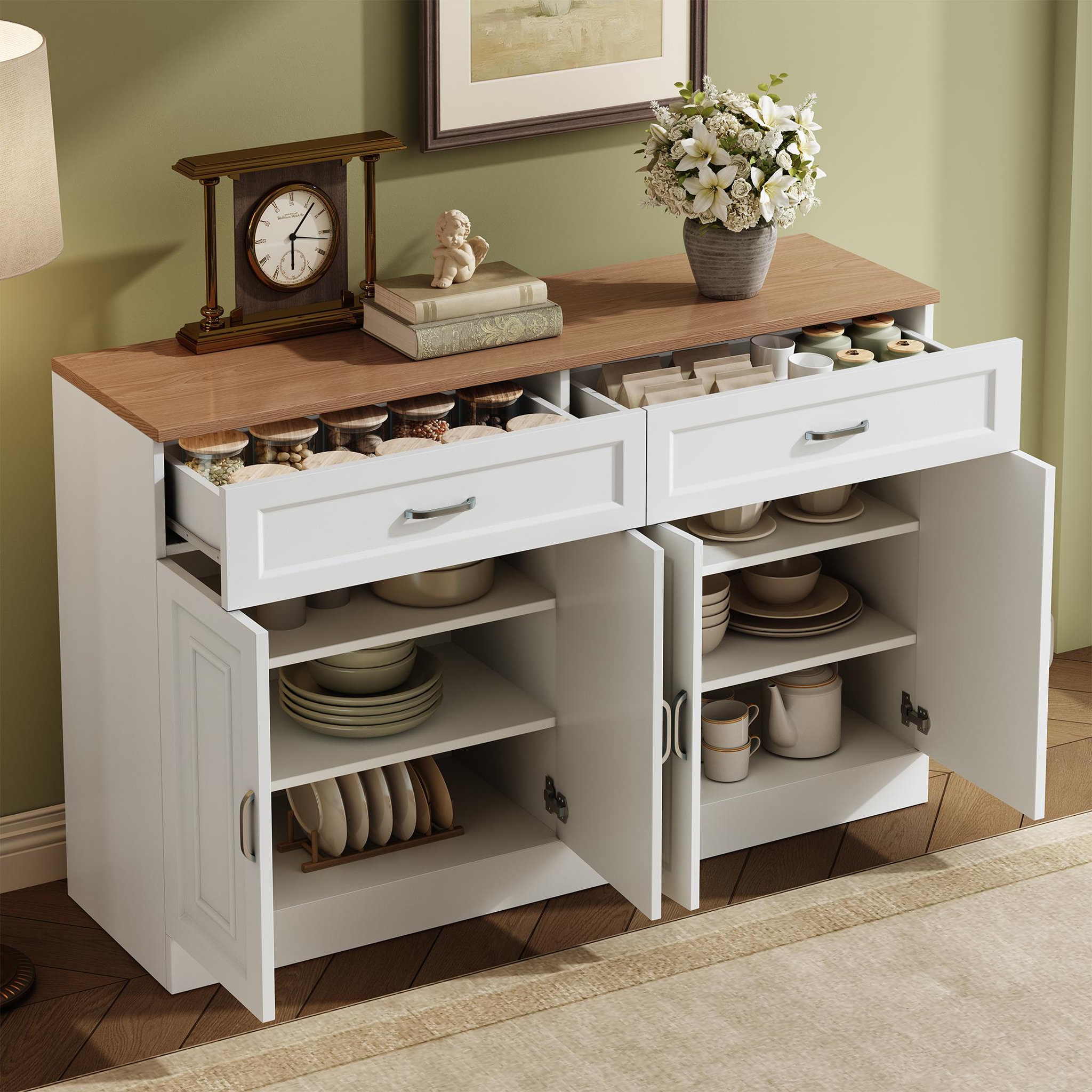 Voir la diapositive 5 : MERAX Buffet 4 porte(s) 2 tiroir(s) - 120 cm blanc+naturel panneau de particules