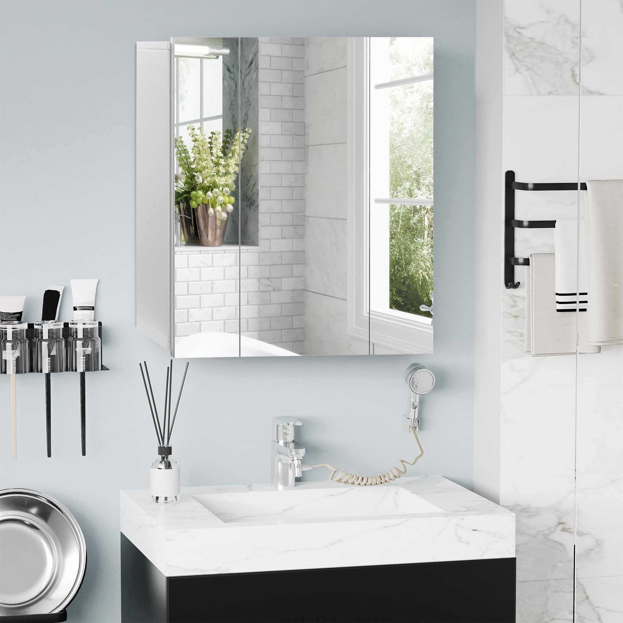 KLEANKIN Armoire miroir de salle de bain armoire murale 3 portes 2 étagères dim. 70l x 15l x 60h cm mdf blanc