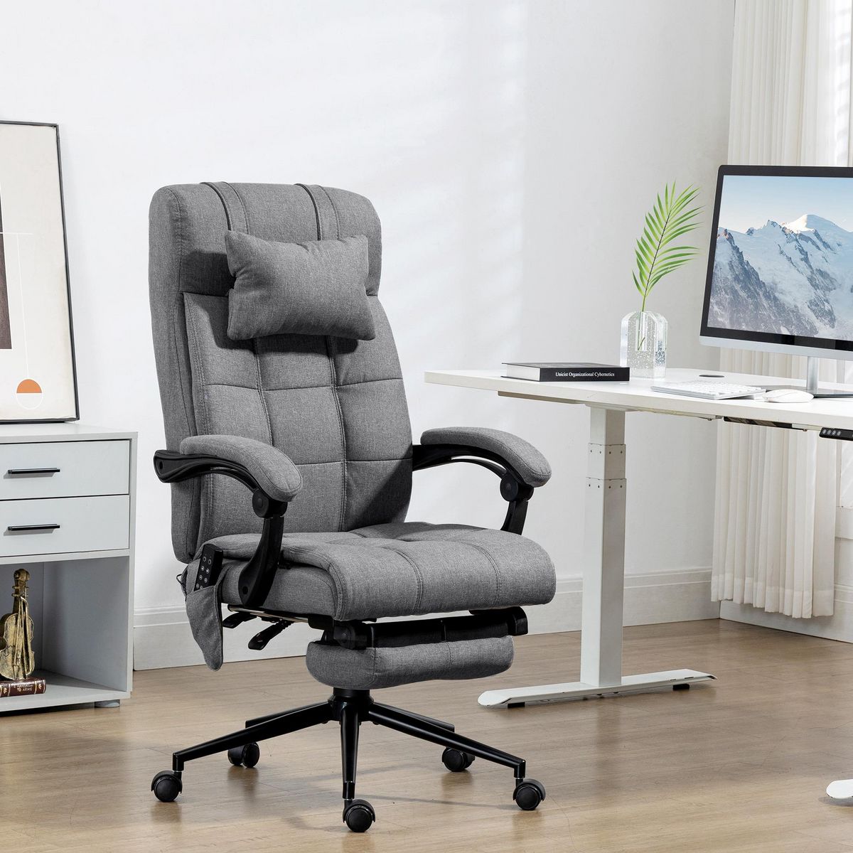HOMCOM Chaise de bureau ergonomique design - fonctions massante et chauffante - inclinable, réglable - repose-pied - tissu gris
