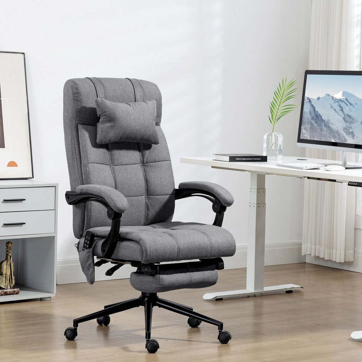 HOMCOM Chaise de bureau ergonomique design - fonctions massante et chauffante - inclinable, réglable - repose-pied - tissu gris