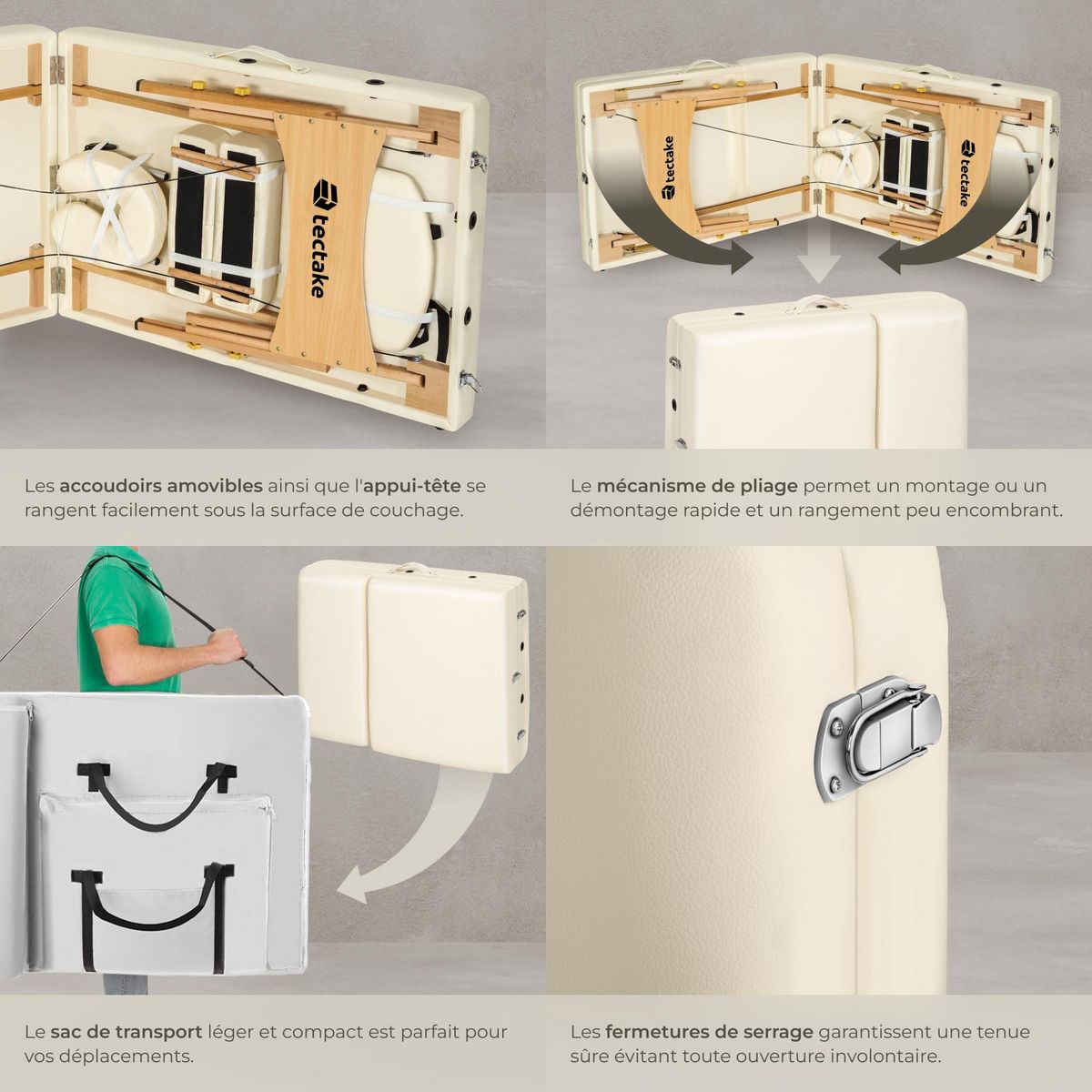 tectake Table de massage portable et pliante à 3 zones largeur 70 cm et rembourrage 10 cm beige