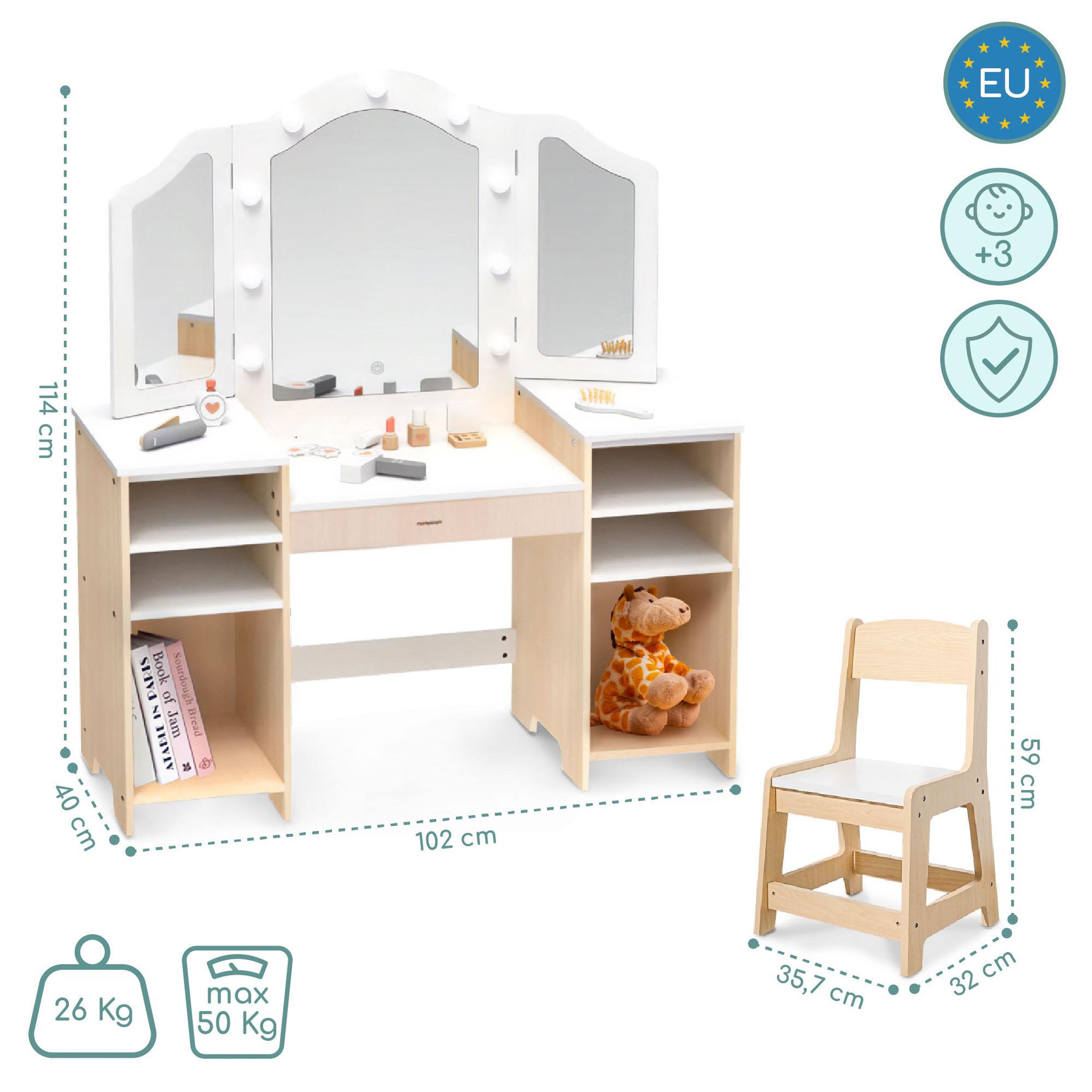 Voir la diapositive 5 : MAMABRUM Coiffeuse Enfant en Bois MAMABRUM avec Chaise, Miroir et Éclairage LED, 9 Accessoires