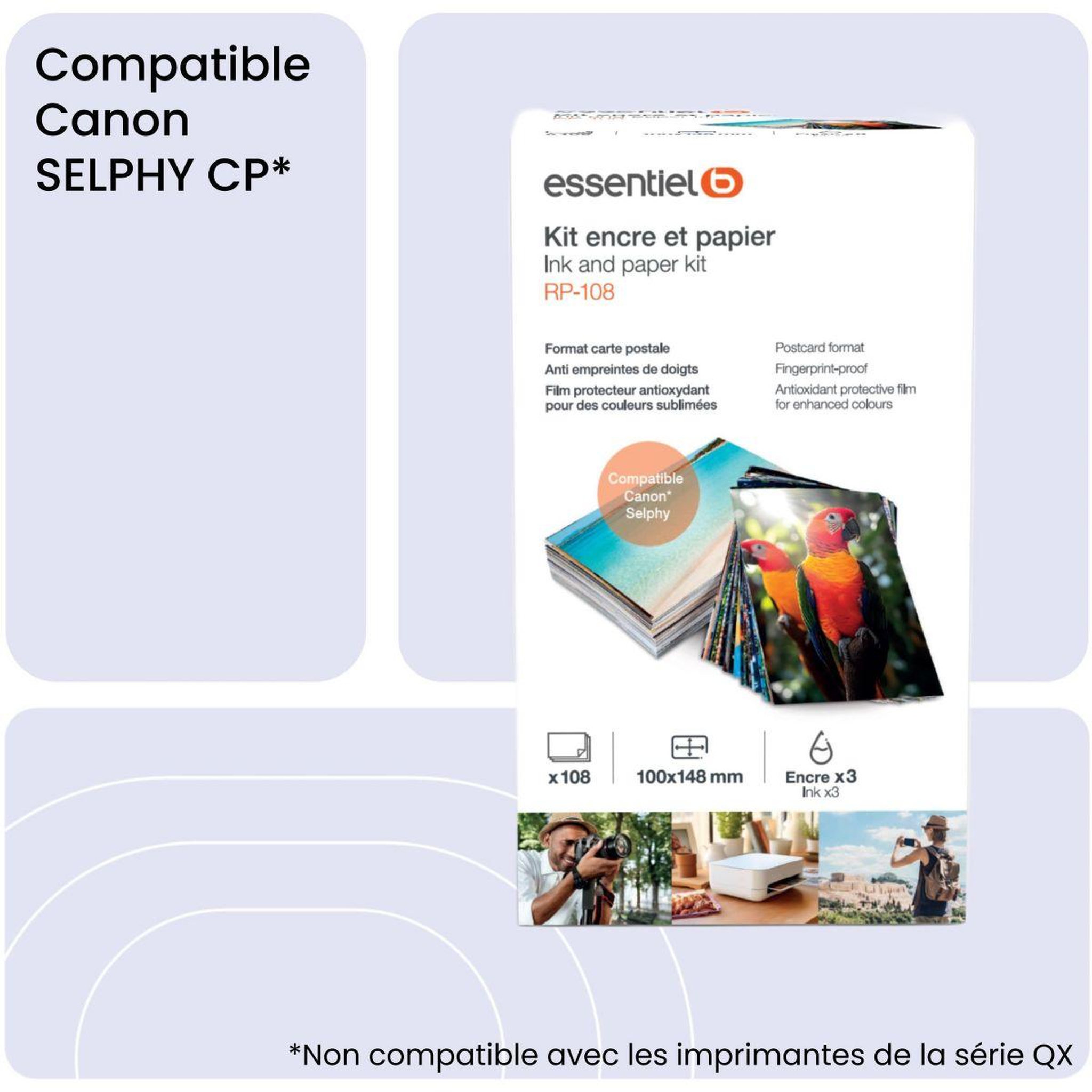 Voir la diapositive 2 : ESSENTIEL B Kit papier + encre compatible canon selphy kp-108 tirages
