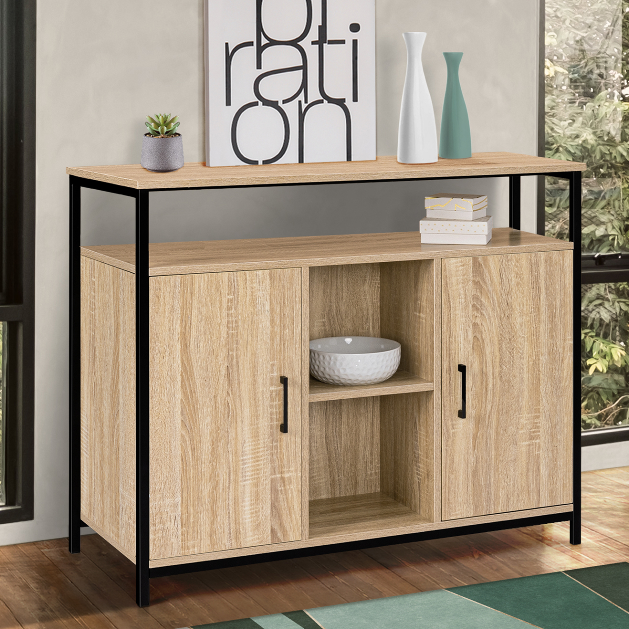 Voir la diapositive 2 : ID MARKET Buffet 100 cm DETROIT 2 portes avec étagères design industriel (compose ref 15343)