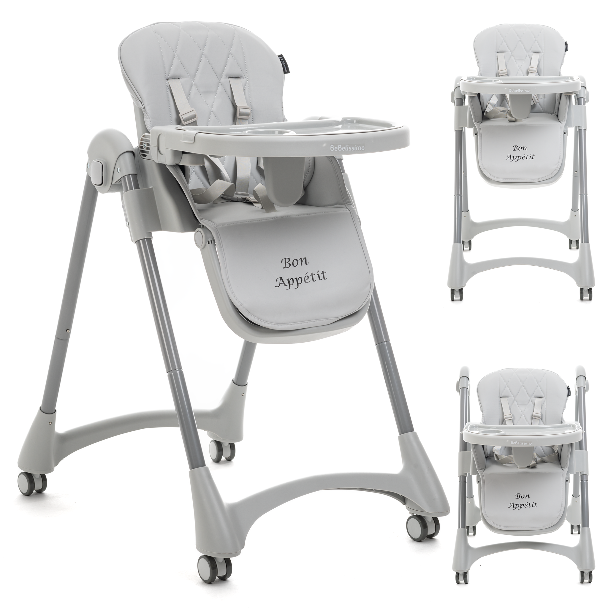 BEBELISSIMO Chaise haute évolutive bébé - Pliable - Compacte - Réglable hauteur - De 6 mois à 3 ans (15kg) - gris - Bon Appetit