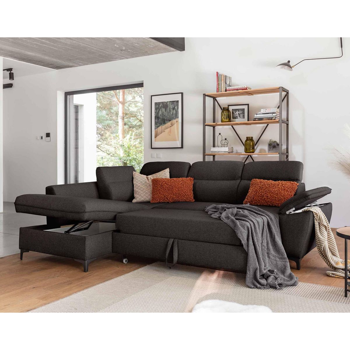 BEST MOBILIER Clever - canapé d'angle gauche - 5 places - convertible avec coffre et têtières - en tissu