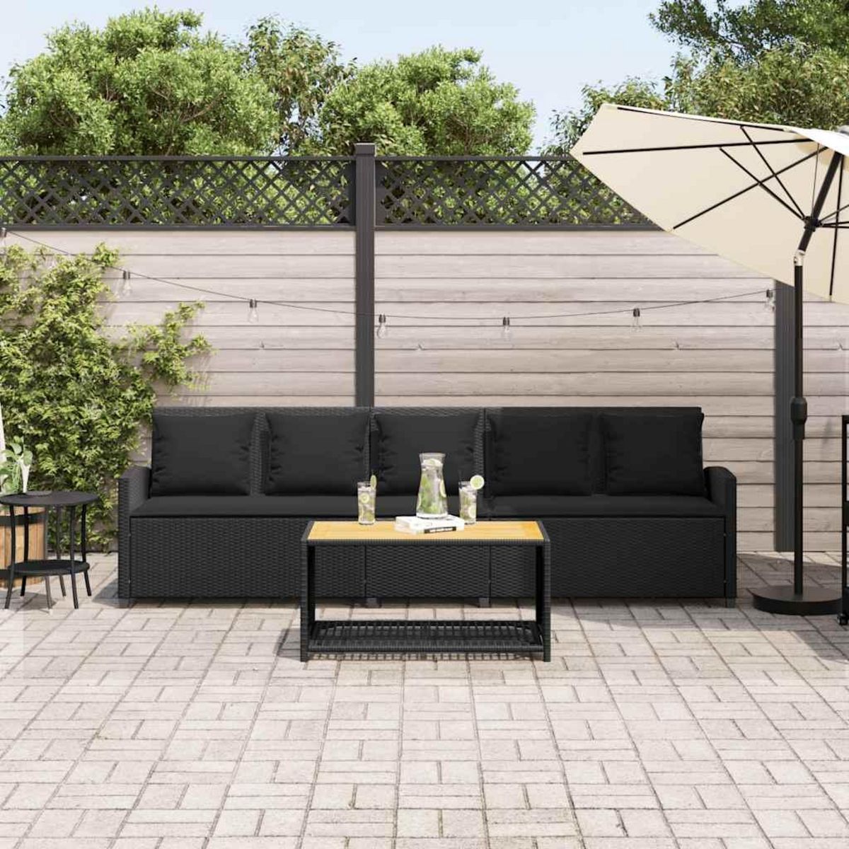 VIDAXL Canape de jardin avec coussins 5 places noir resine tressee