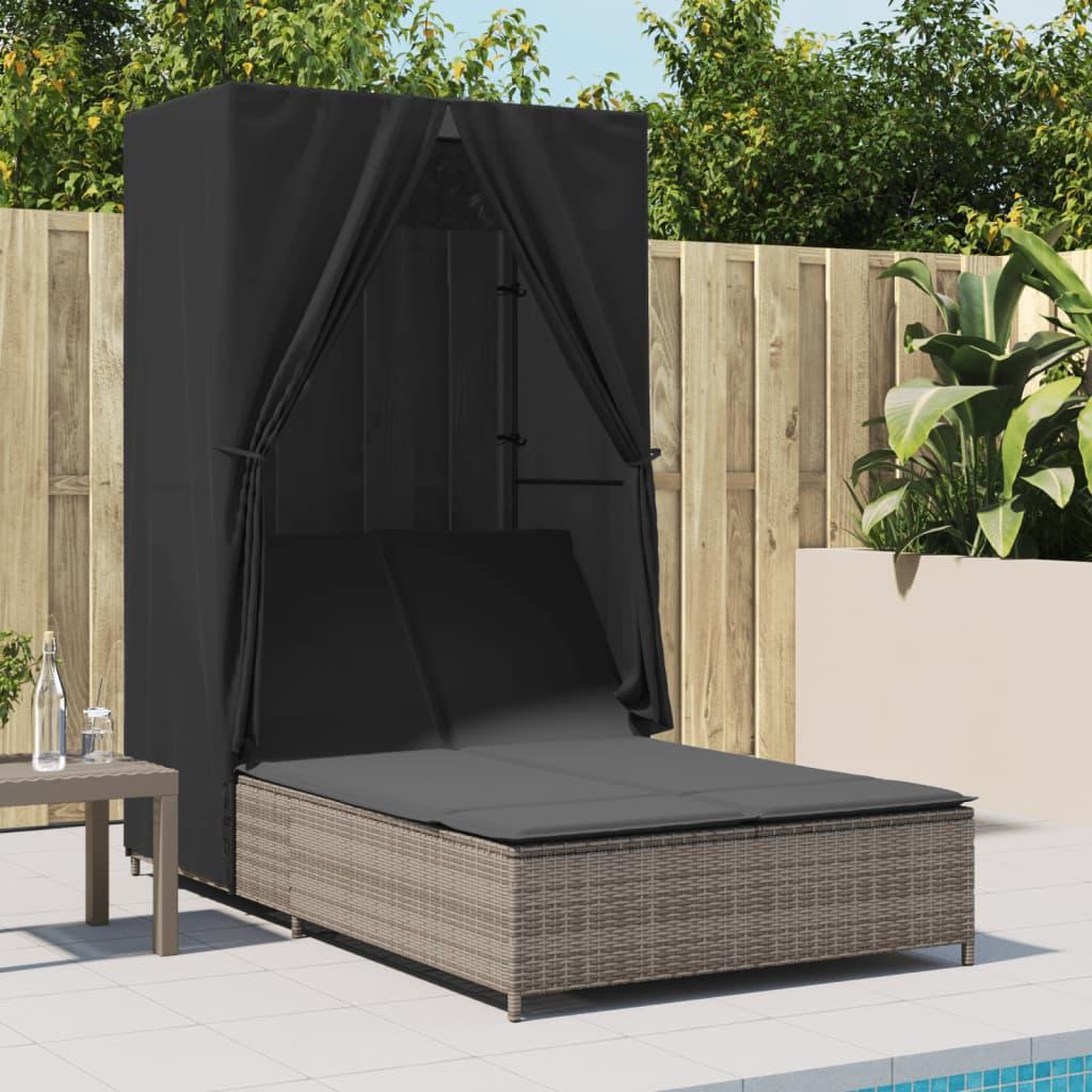 Voir la diapositive 3 : VIDAXL Chaise longue double avec toit et rideaux gris resine tressee
