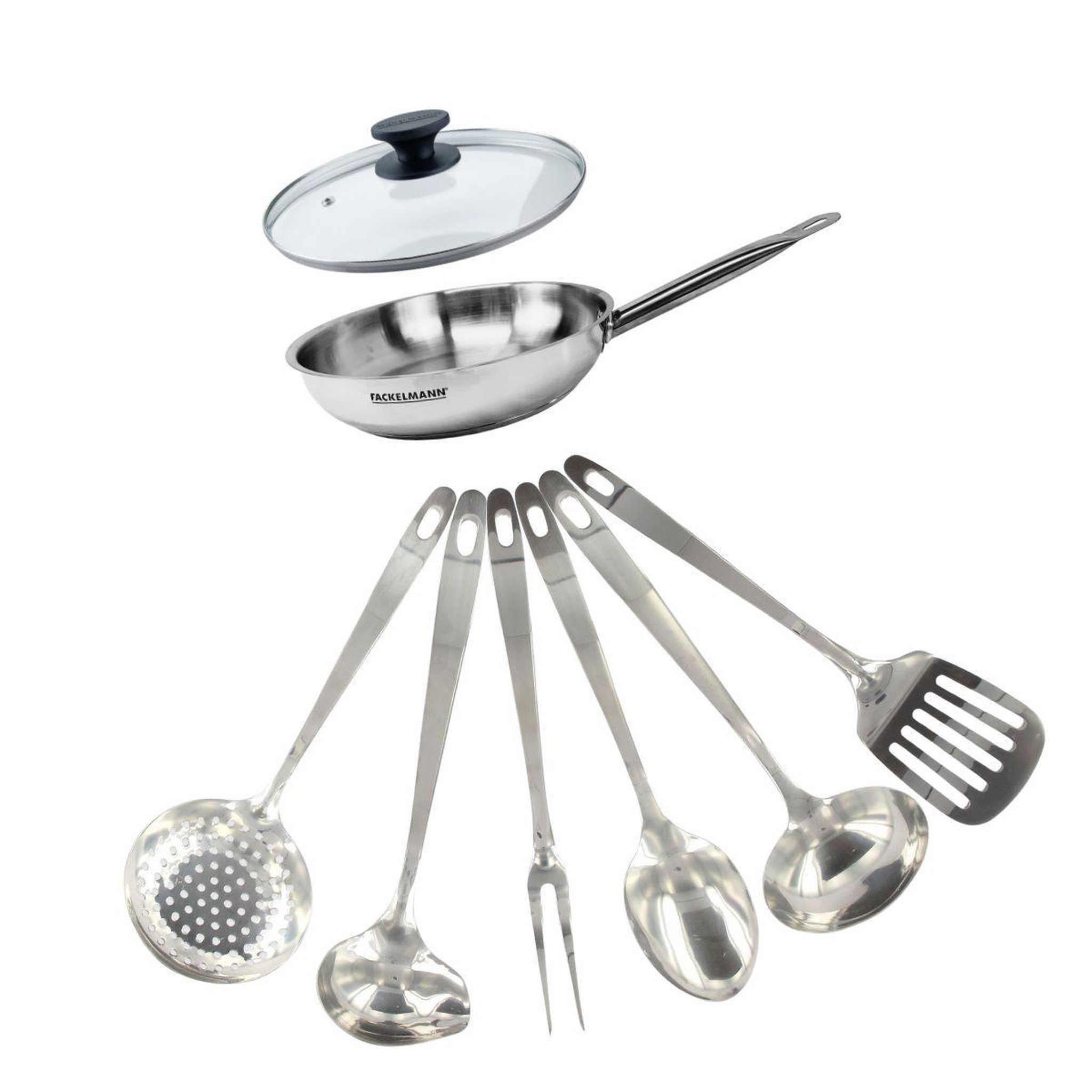 Fackelmann Set poêle 20 cm en inox, couvercle verre et 6 ustensiles inox fackelmann eterna