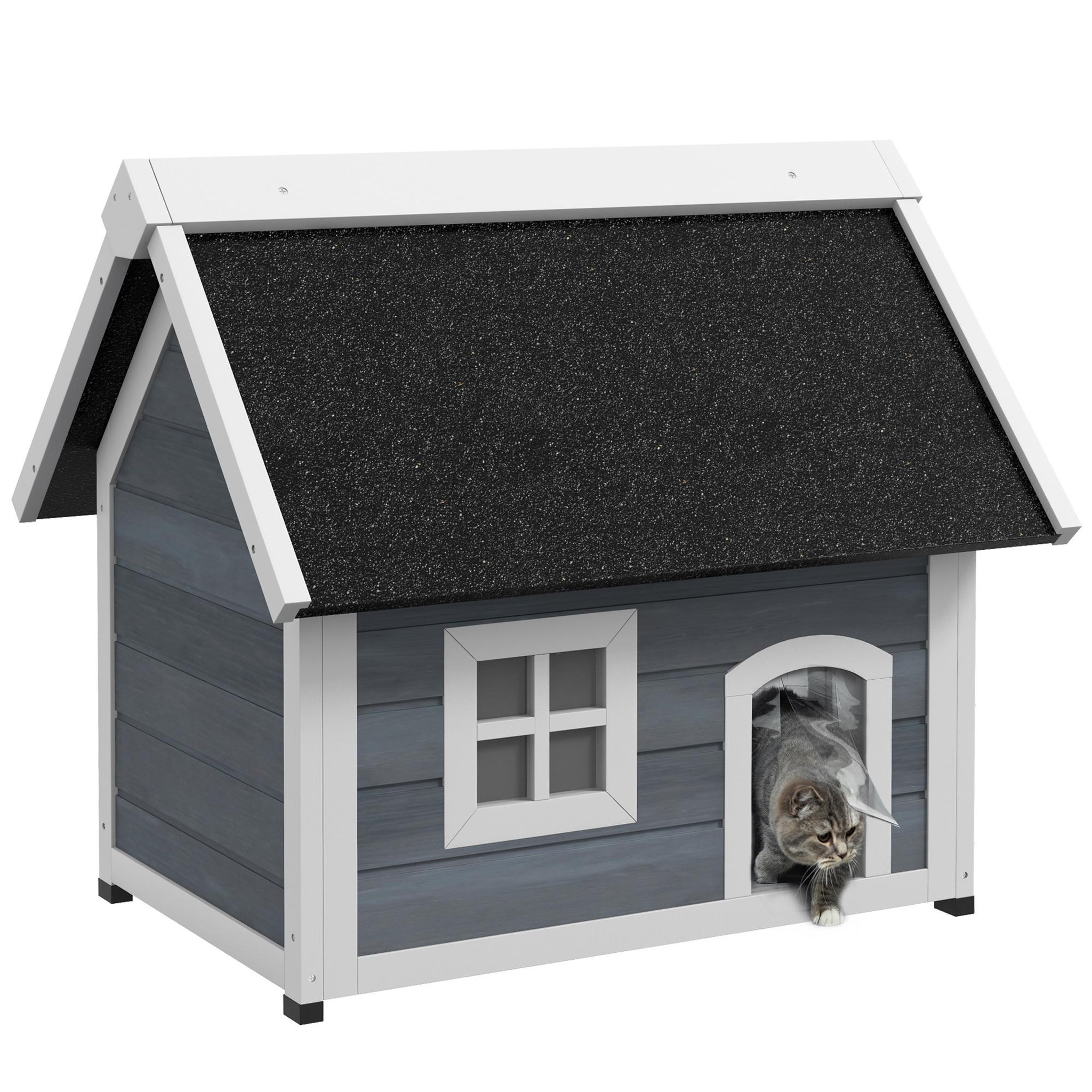 PAWHUT Niche maison pour chat - porte à lamelles, fenêtre plexiglas, toit bitumé ouvrant, 3 portes - bois gris