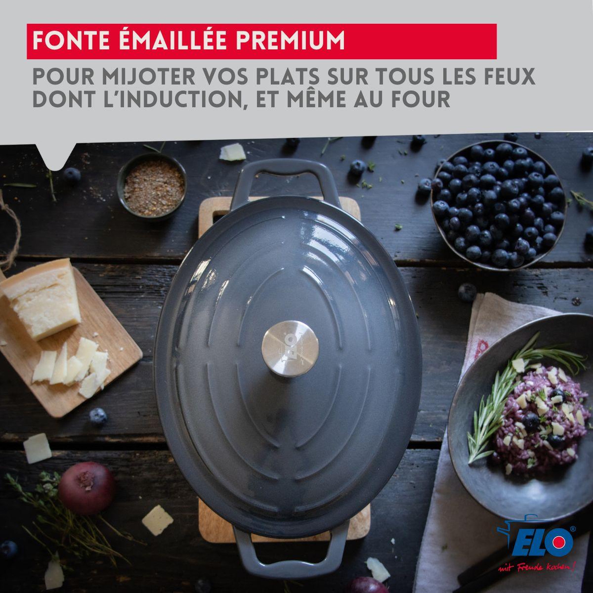 Voir la diapositive 4 : ELO Cocotte ovale en fonte émaillée 33 cm gris classique 5 l elo