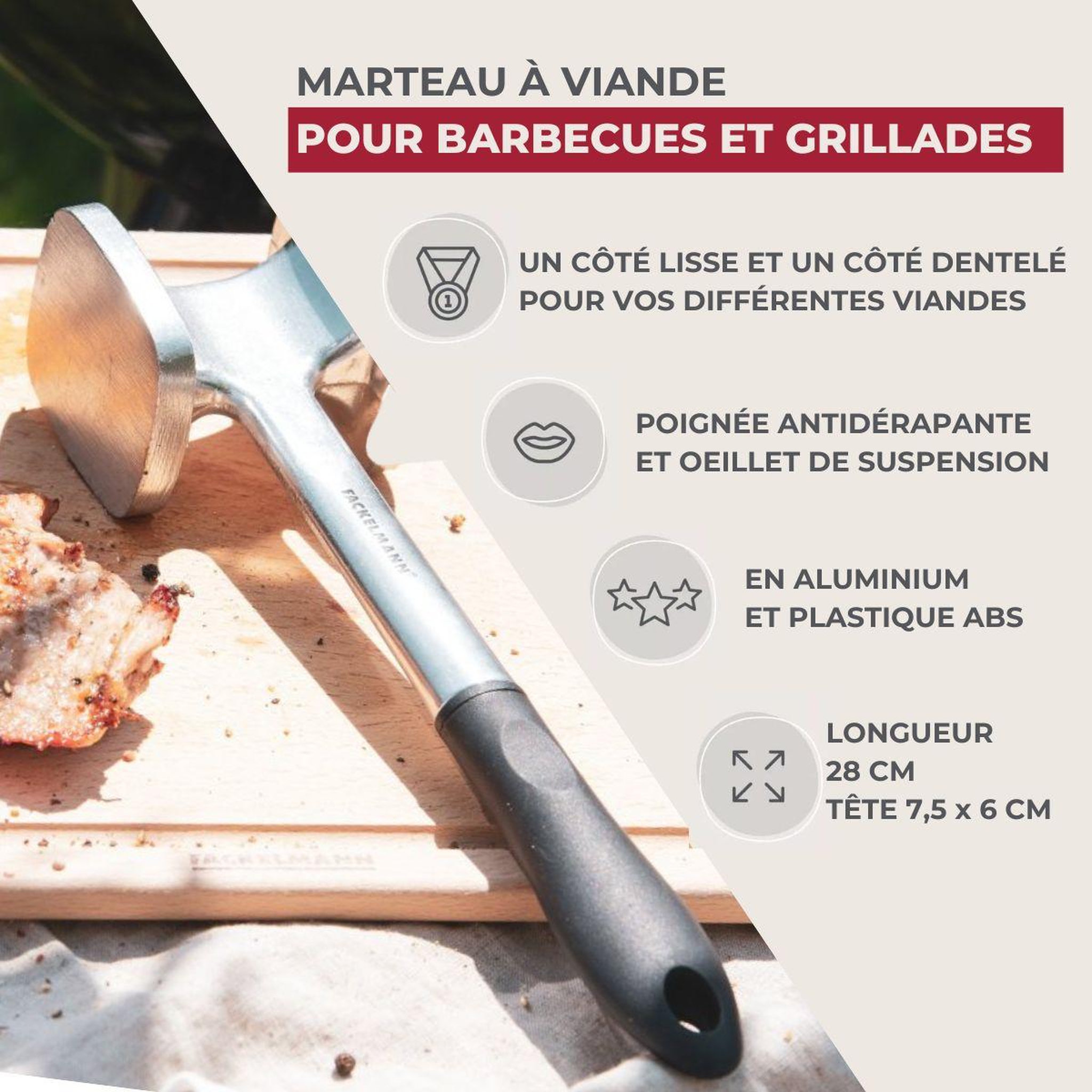Voir la diapositive 3 : Fackelmann Attendrisseur à viande en aluminium 28 cm Fackelmann Basic