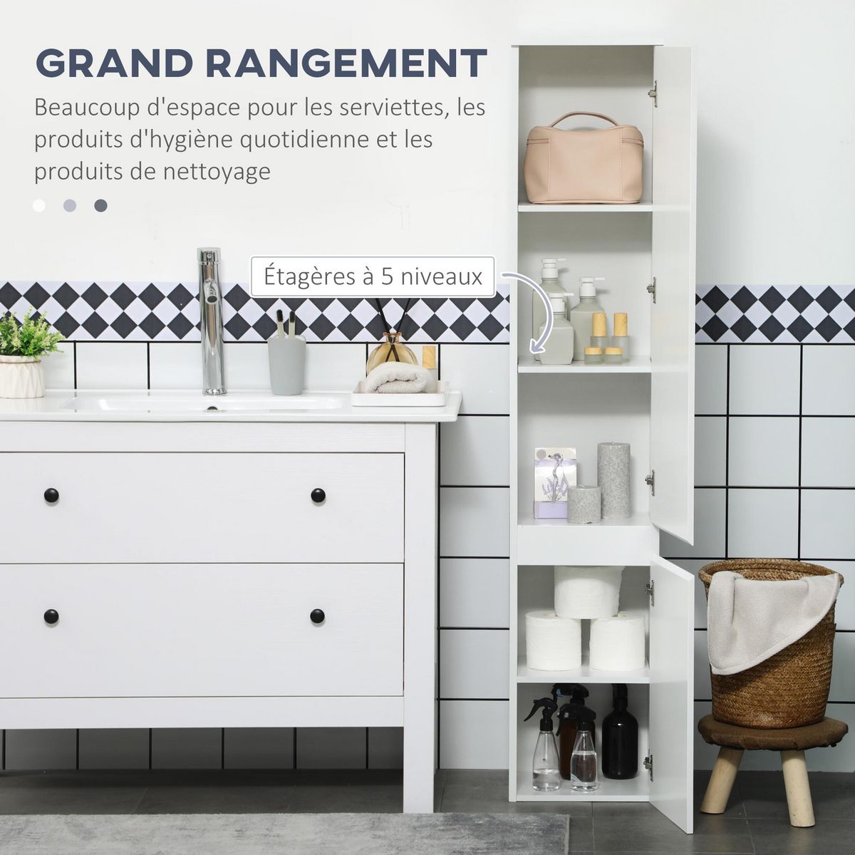 KLEANKIN Meuble colonne rangement salle de bain 2 placards 3 étagères style contemporain blanc