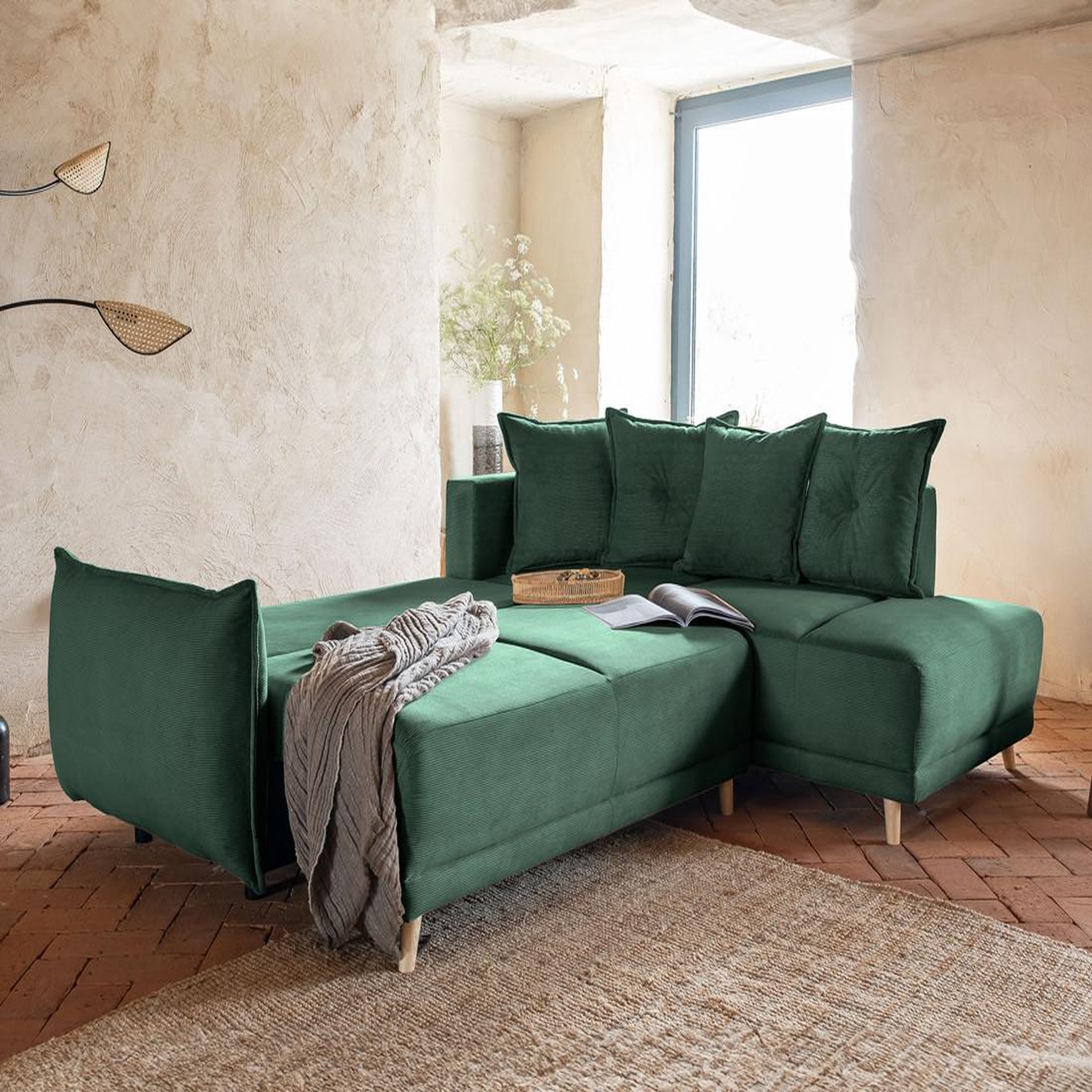Voir la diapositive 2 : BEST MOBILIER Lena - canapé d'angle droit 5 places - convertible avec coffre - en velours côtelé