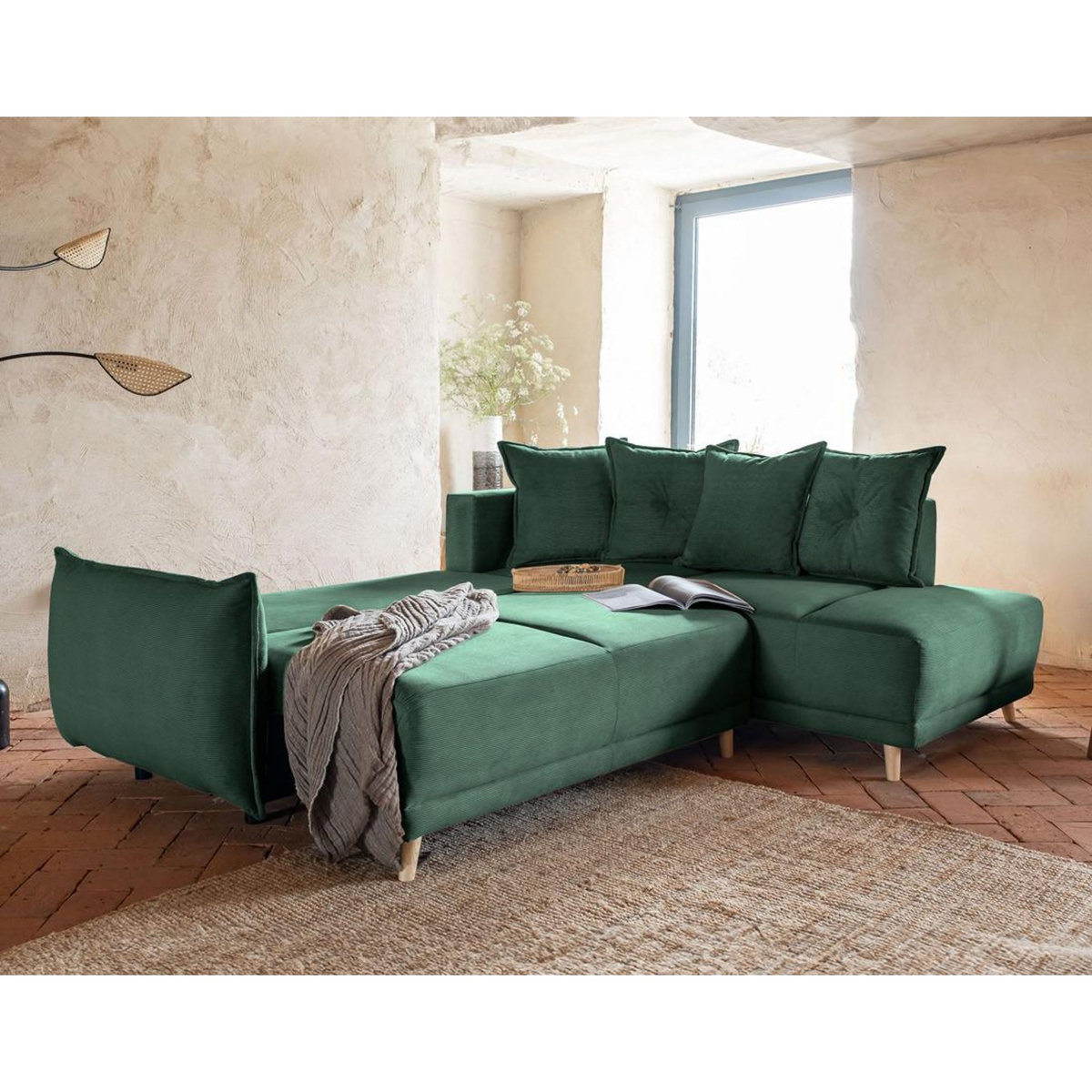 BEST MOBILIER Lena - canapé d'angle droit 5 places - convertible avec coffre - en velours côtelé