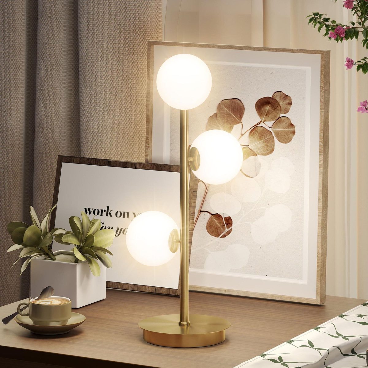 HOMCOM Lampadaire style néo-rétro métal effet laiton 3 abat-jours globe verre dépoli blanc