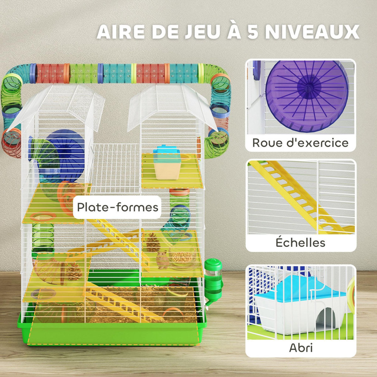 PAWHUT Cage pour hamster souris petits animaux rongeur avec tunnel mangeoire roue jouet 47 x 30 x 59 cm cm bleu
