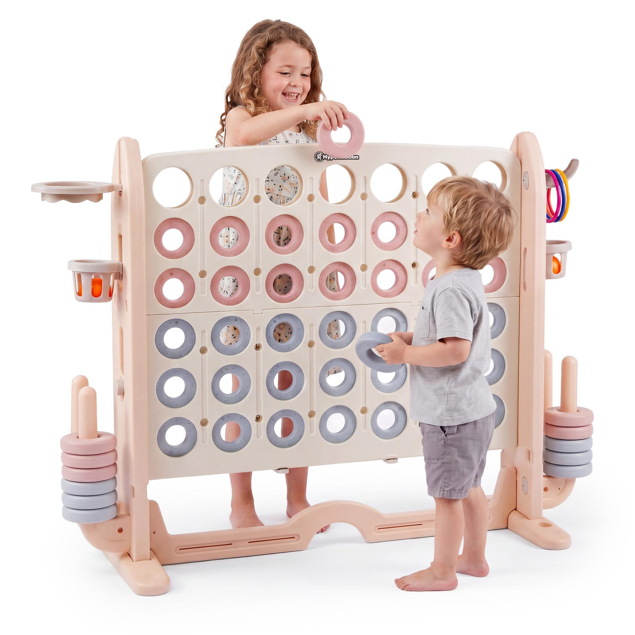 HYPERMOTION Centre de Jeux 4 en 1 en PEHD Puissance 4 Basket Anneaux et Golf Dim 109x41cm Beige-Gris