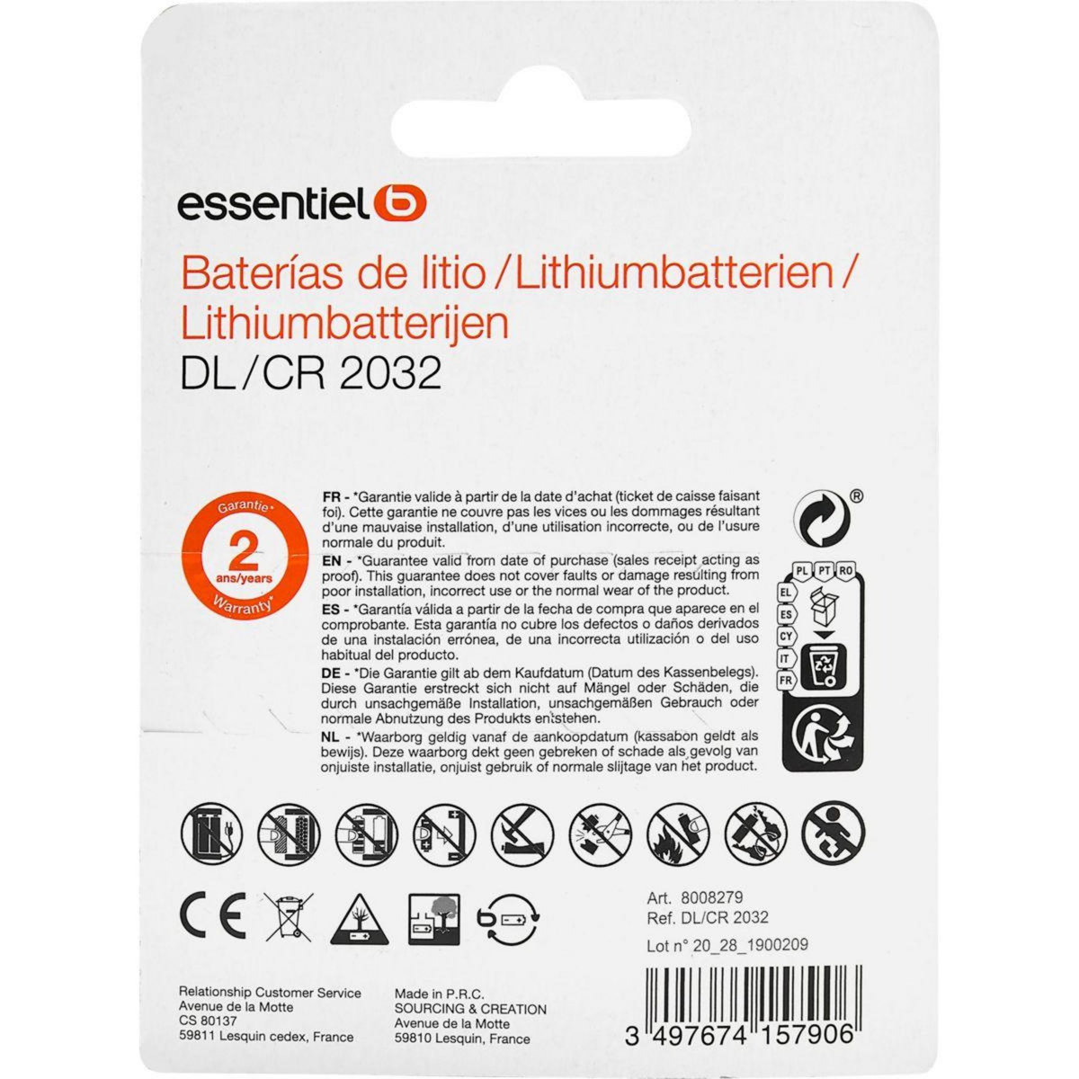 ESSENTIEL B Pile Lot 4 piles lithium CR 2032
