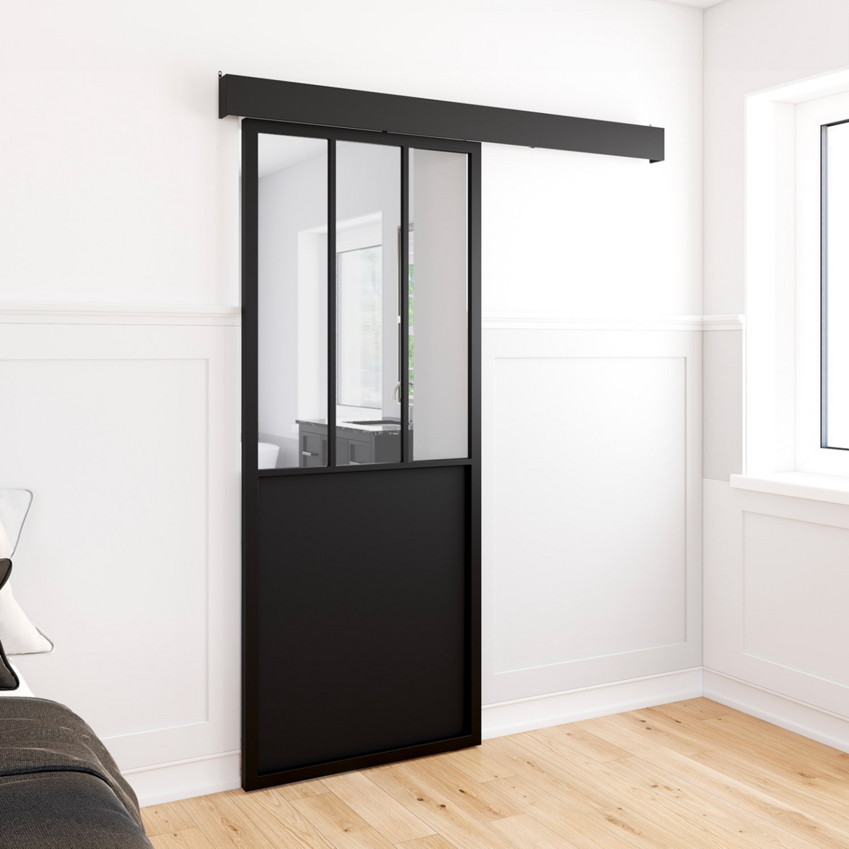 ID MARKET Kit porte coulissante verrière 83 cm en métal + MDF avec rail et fixations