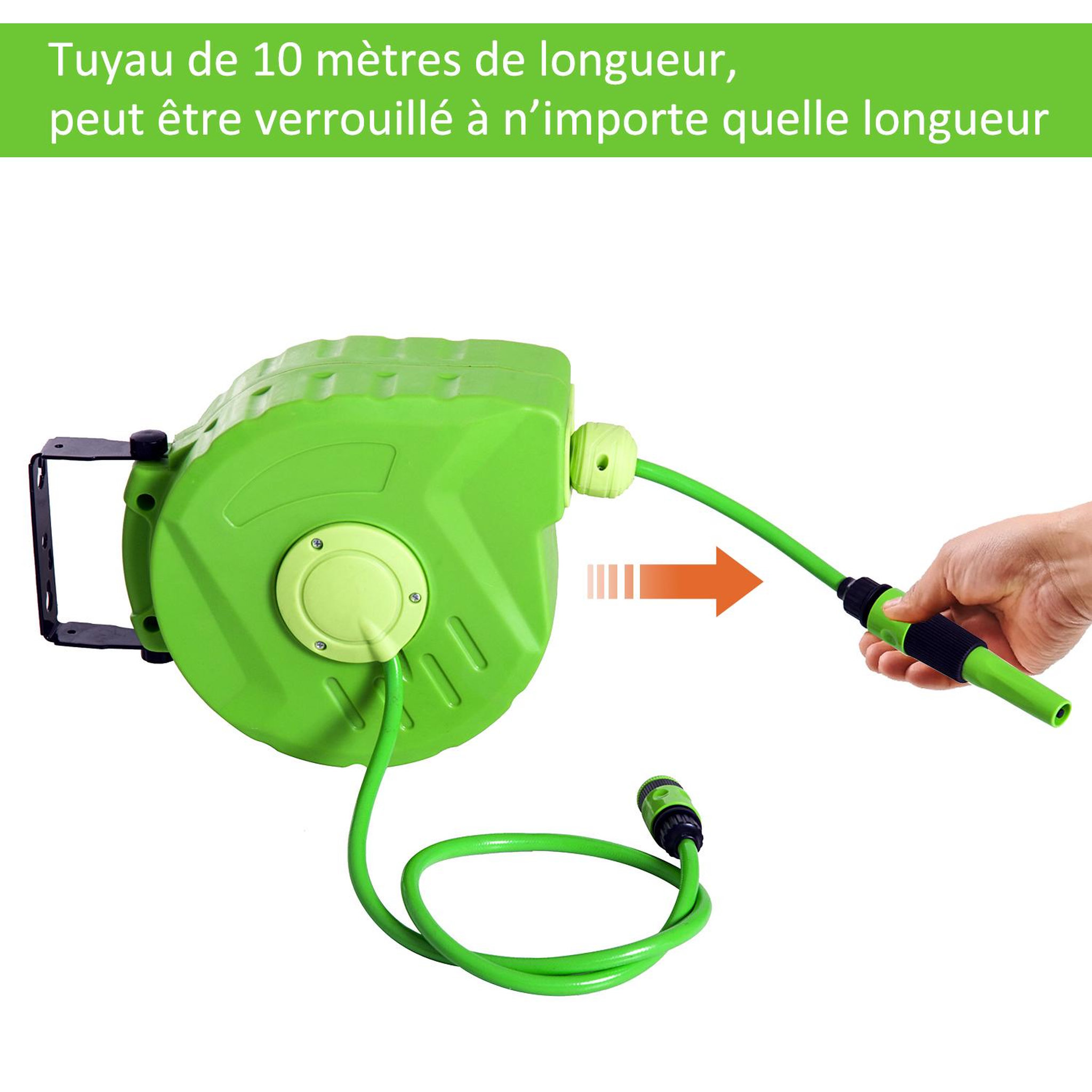 Voir la diapositive 6 : OUTSUNNY Dévidoir mural enrouleur automatique pivotant 180° tuyau 10 + 1 m avec lance arrosage support mural intégré vert