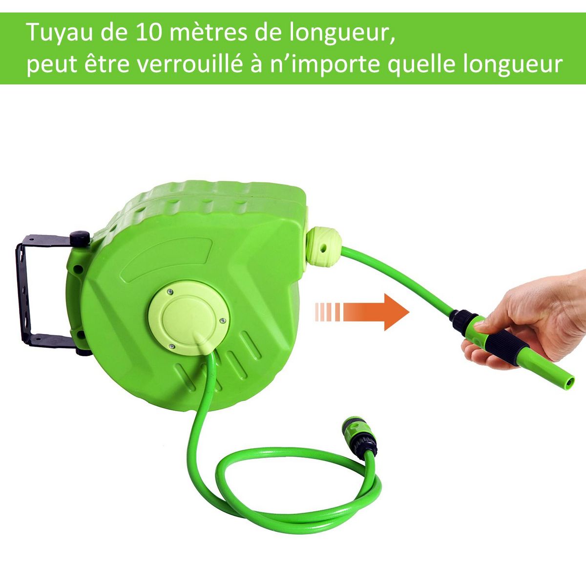 OUTSUNNY Dévidoir mural enrouleur automatique pivotant 180° tuyau 10 + 1 m avec lance arrosage support mural intégré vert