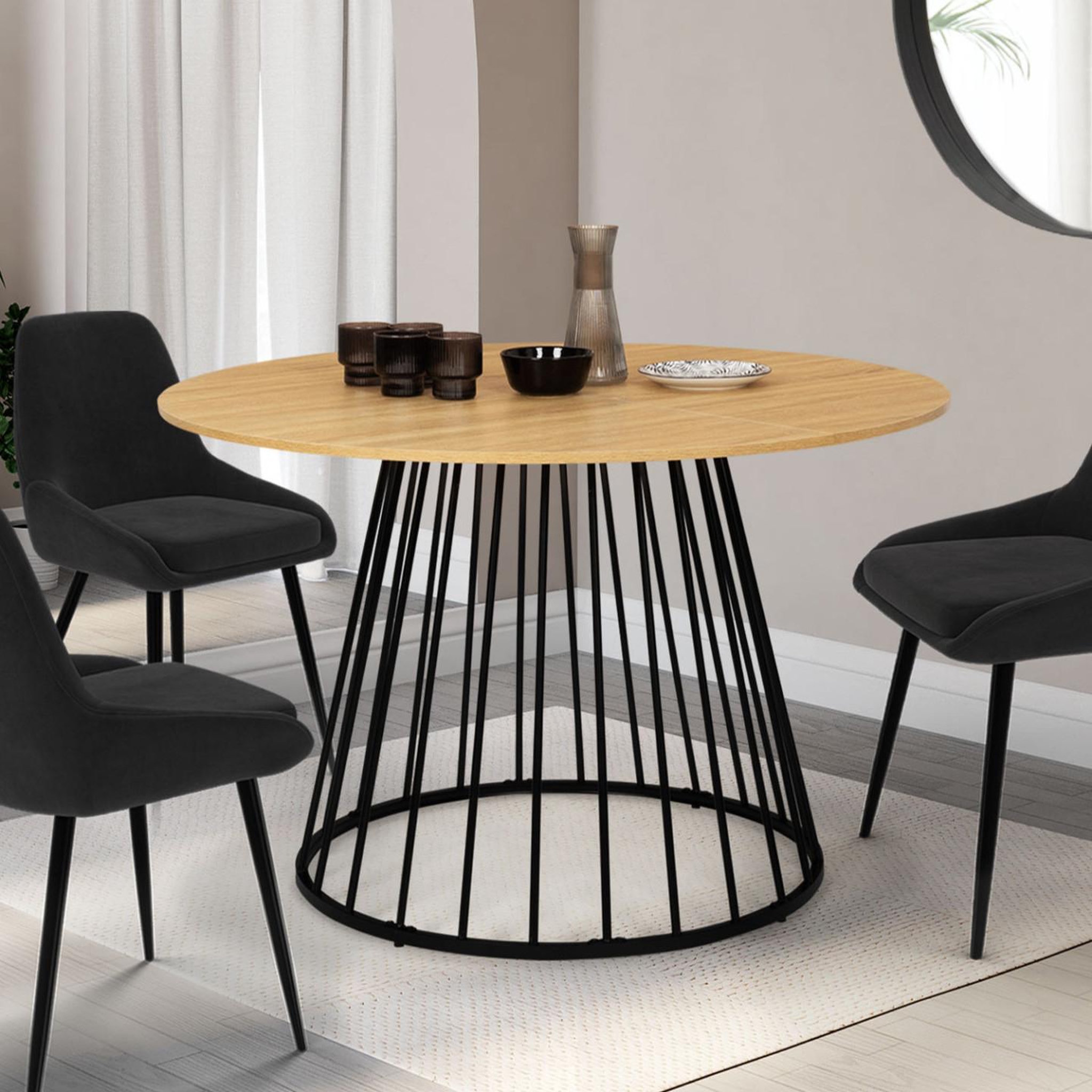 Voir la diapositive 2 : ID MARKET Table à manger ronde yuna 6 personnes plateau bois et pied filaire en métal noir 110 cm
