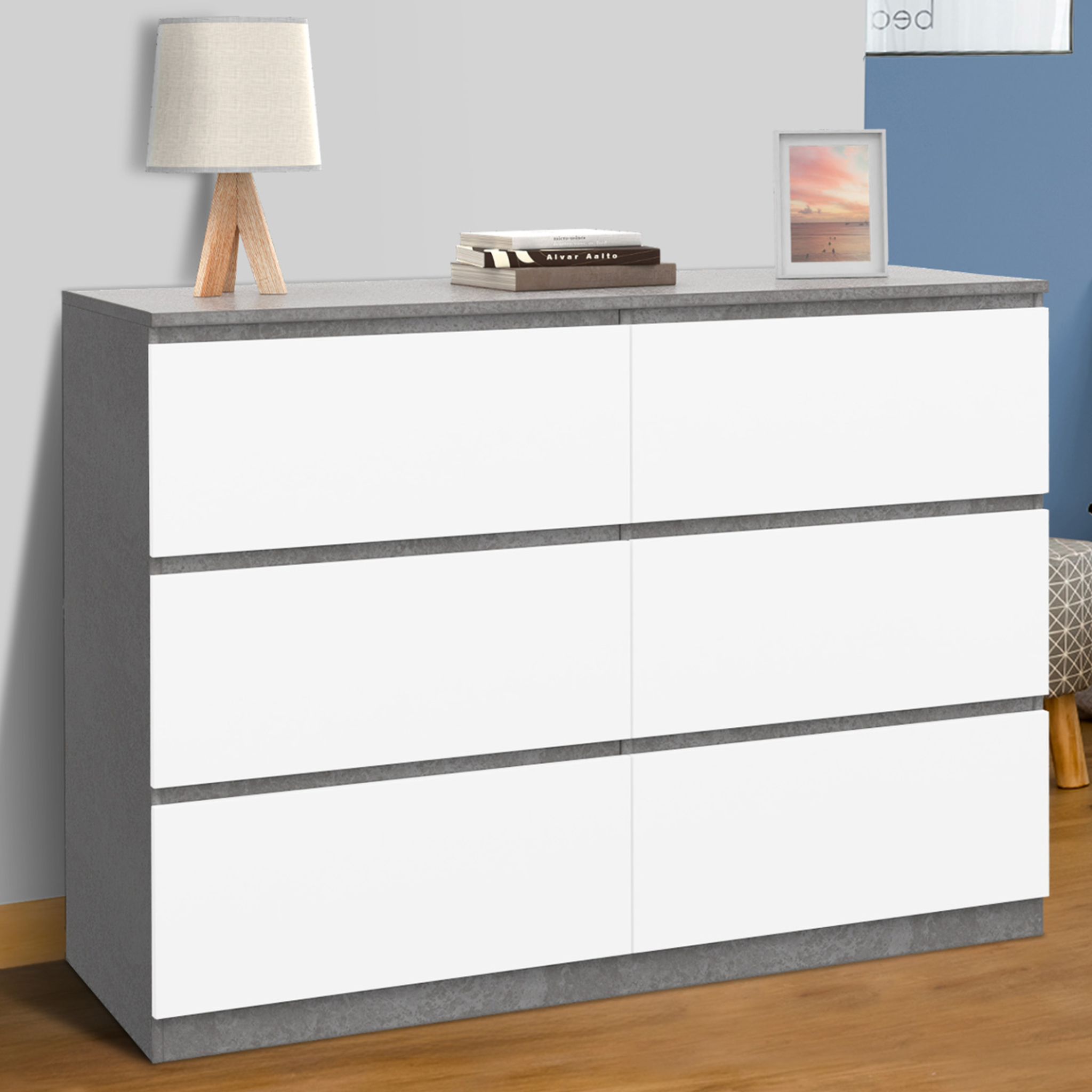 Voir la diapositive 2 : ID MARKET Commode 6 tiroirs tomi 110 cm blanc et effet béton