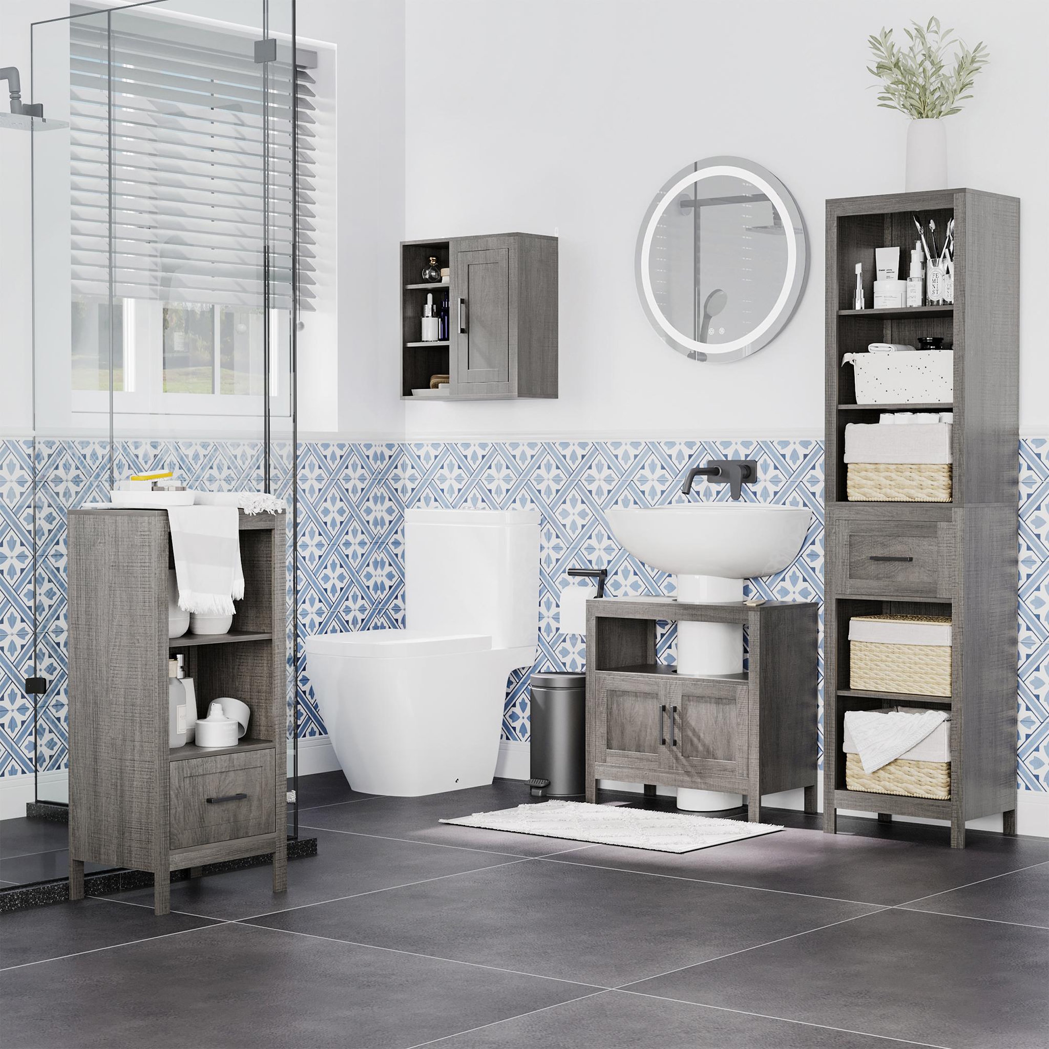 Voir la diapositive 2 : KLEANKIN Armoire haute murale de salle de bain ou wc placard 1 porte 3 niches dim. 48l x 20l x 50h cm panneaux particules gris