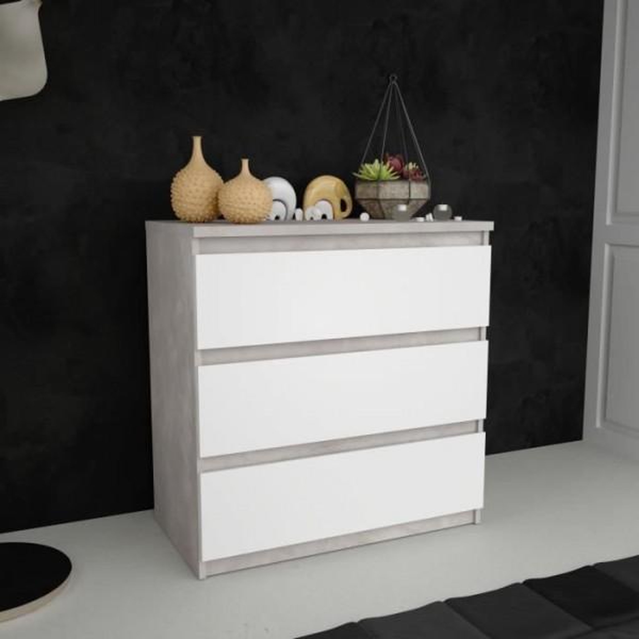 Voir la diapositive 2 : MARKET24 Commode CHELSEA 3 Tiroirs - Couleur blanc/béton clair - L 77,2 x P 42 x H 79,9 cm
