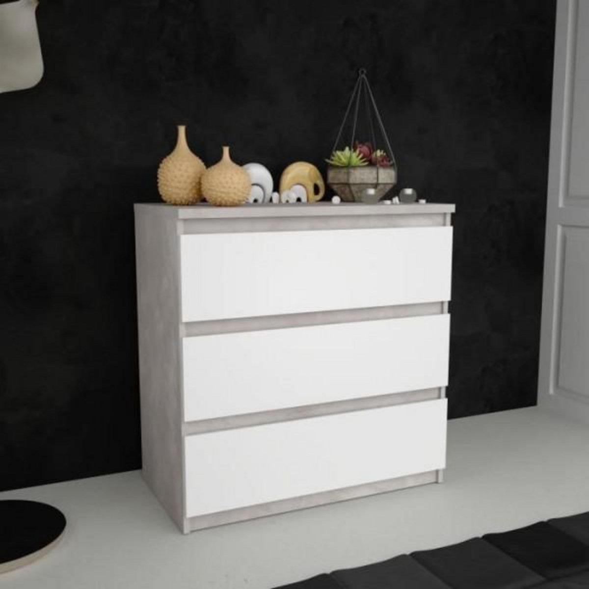 MARKET24 Commode CHELSEA 3 Tiroirs - Couleur blanc/béton clair - L 77,2 x P 42 x H 79,9 cm