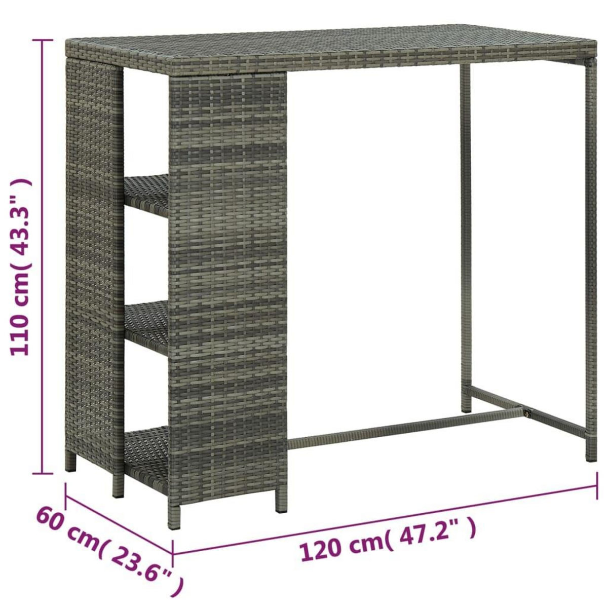 VIDAXL Table de bar avec rangement Gris 120x60x110 cm Resine tressee